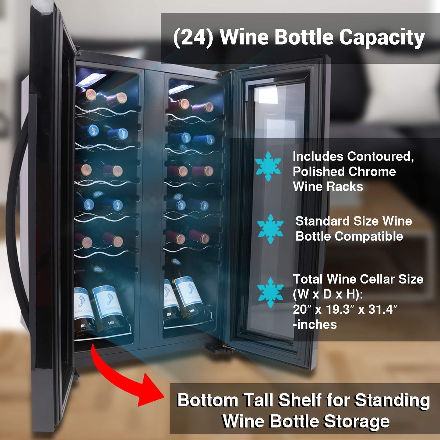 Nutrichef 24 Bottle Wine Fridge | Dual Zone Wine Chiller | Adjustable Temperature 41°F to 64°F | Ultra Quiet Operation | Wine Cooler For Home & Office | Free Standing 31x19x20 IN | Black
