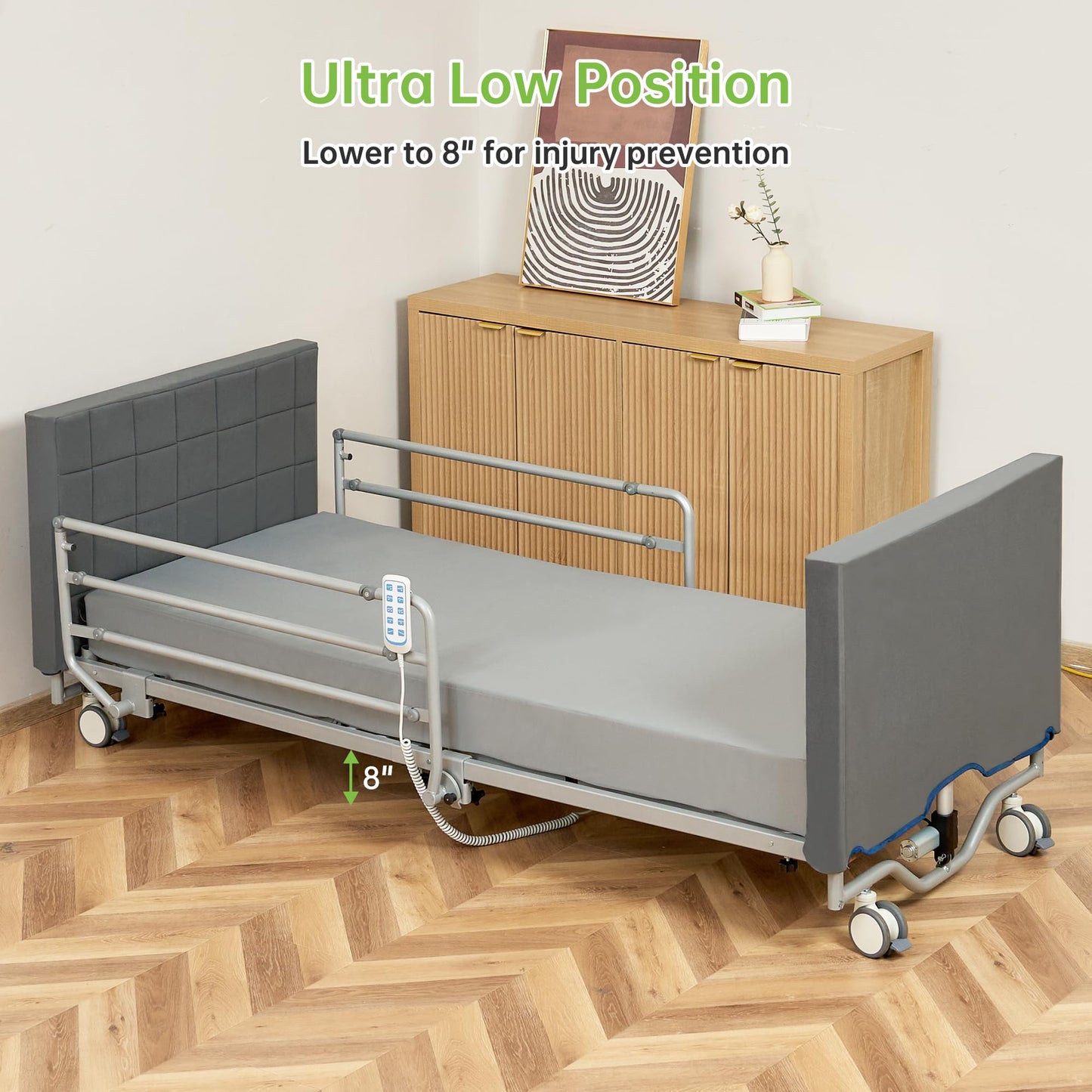 Real Relax 5 Function Full Electric Hospital Bed, Ultra Low Electric Medical Bed with Movable Dining Table, 6" Foam Mattress, 5" Locking Casters, for Home Use, Includes headboard and Footboard Covers