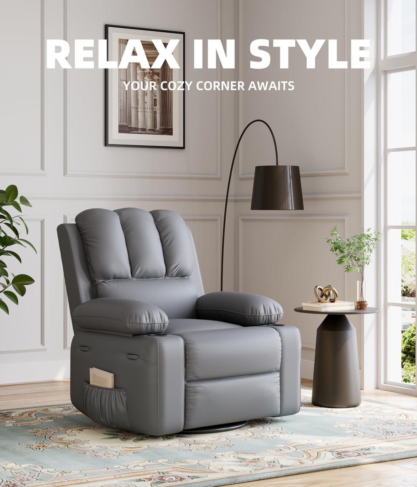 Garvee Oversized Swivel Rocker Recliner Chair - Heat and Massage, Leather Manual Recliner for Adults, Lazy Chair with Cup Holders, Comfort Arms and Back Single Sofa for Living Room