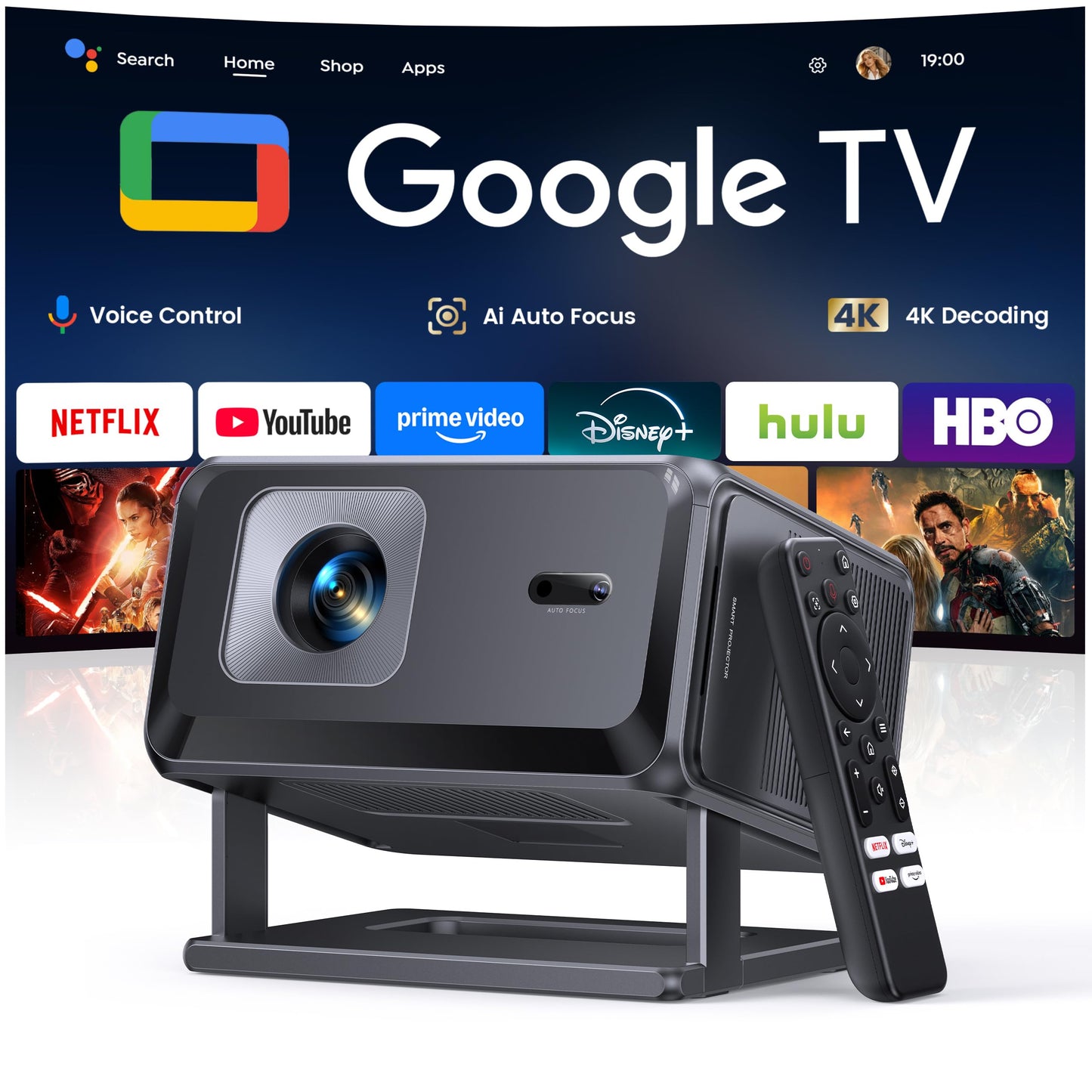 Smart Projector [Google TV 14.0 & Dolby & 4K Support] with WiFi and Bluetooth HDR10,Portable Mini Movie Short Throw Projector Outdoor with Built-in Apps Auto Focus Keystone for Home Bedroom Ceiling