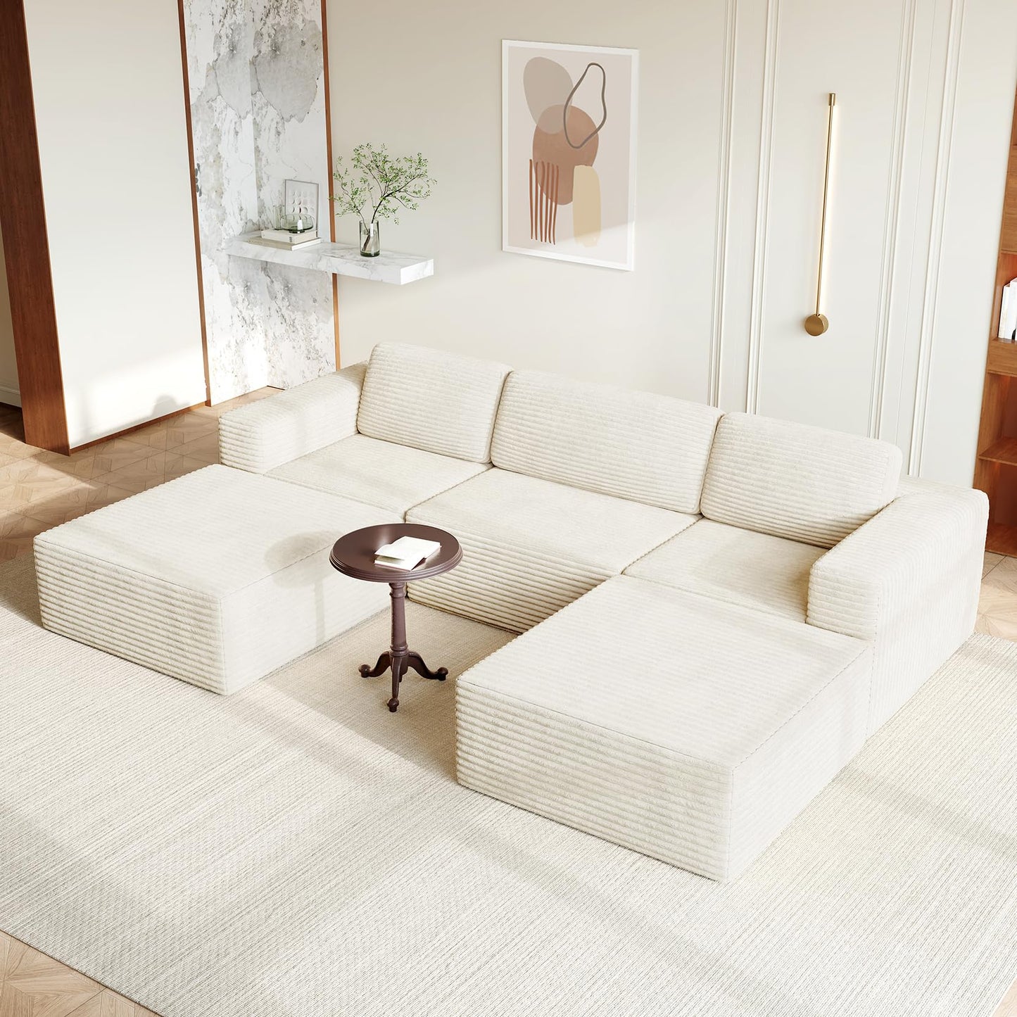 119" U-Shaped Modular Cloud Sofa, Corduroy Sectional Couch with Extra Deep Seats & Durable Spring Support, Convertible Boneless Sofa Set with Dual Ottomans, No Assembly, Beige