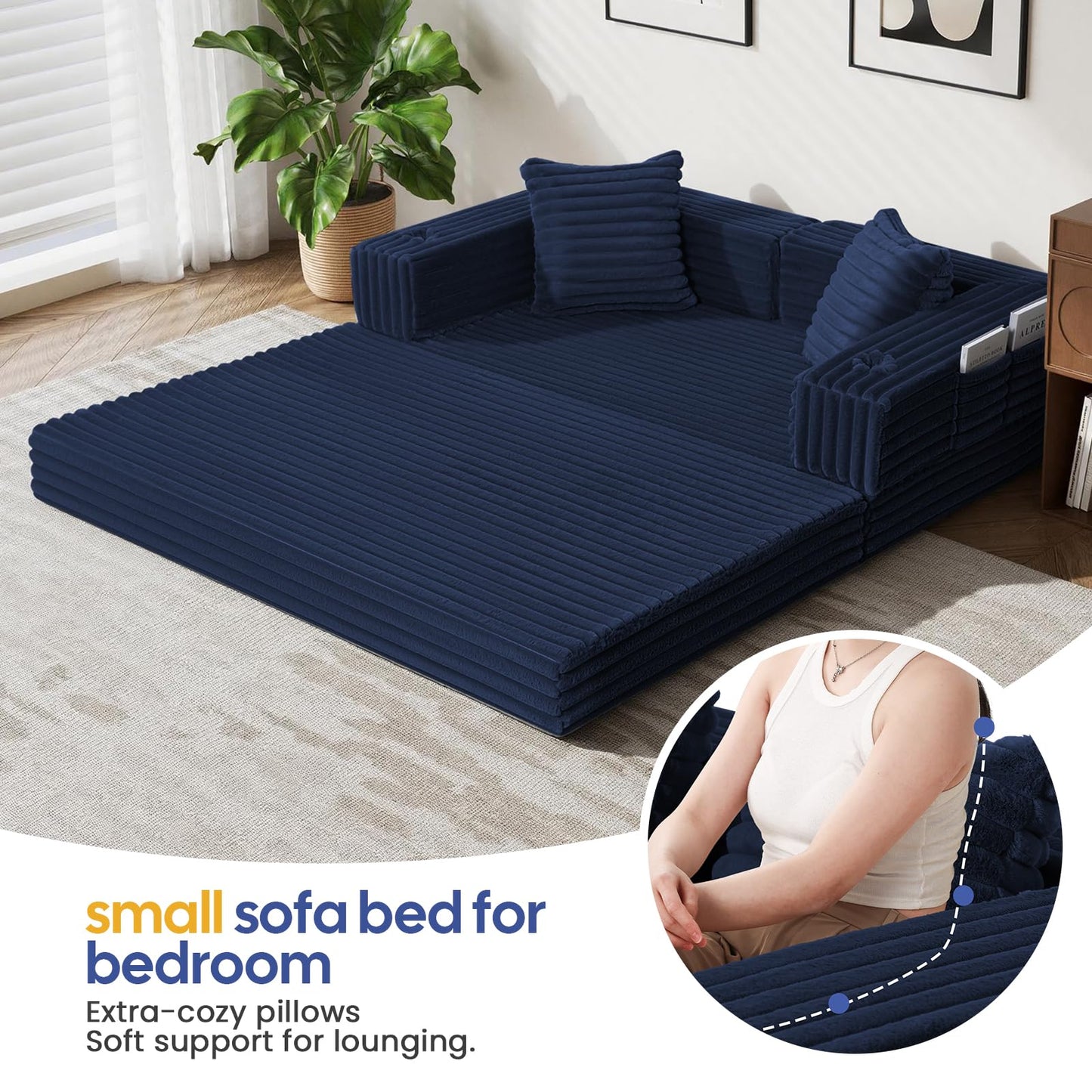COMAX Futon Sofa Bed, 4‑in‑1 Convertible Sofa Bed, Boneless Couches for Living Room, Fold Out Small Foldable Loveseat Space‑Saving, Classic Navy