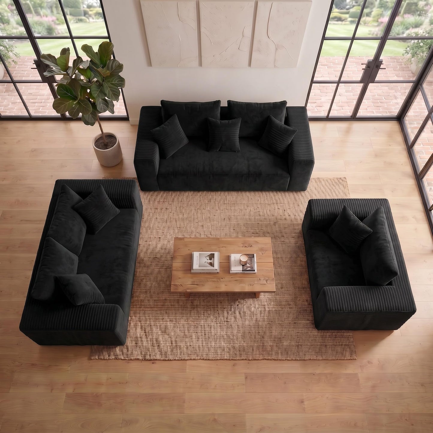 Trygoal 3-Pieces Sectional Boneless Couch Set for Living Room, Oversized Couch Including 3-Seater & 2-Seater & Single Chair, Deep Seat Sofa Set with Armrests & Pillows,No Assembly Required, Black