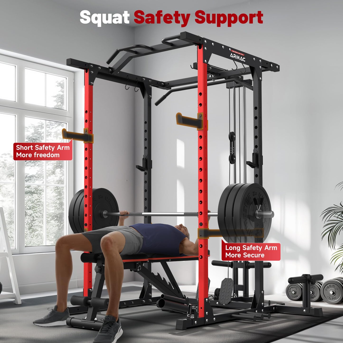 ARMAC Power Cage,1500lbs Multi-Function Power Rack with Adjustable Cable Crossover System and More Training Attachment (black)