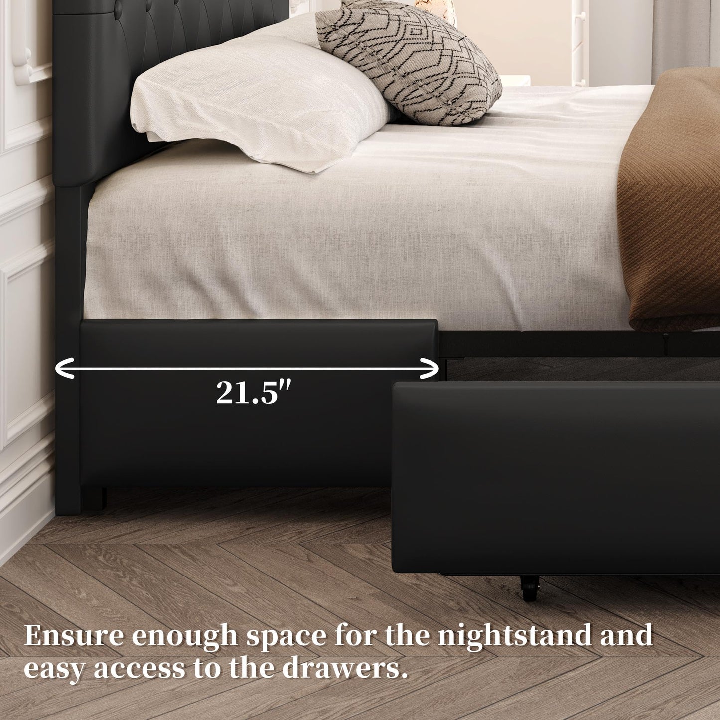 Yaheetech Queen Bed Frame Upholstered Bed Frame with Adjustable Diamond Button-Tufted Headboard/3 Drawers Storage, Queen Platform Bed/Strong Wooden Slats, Black Queen Bed