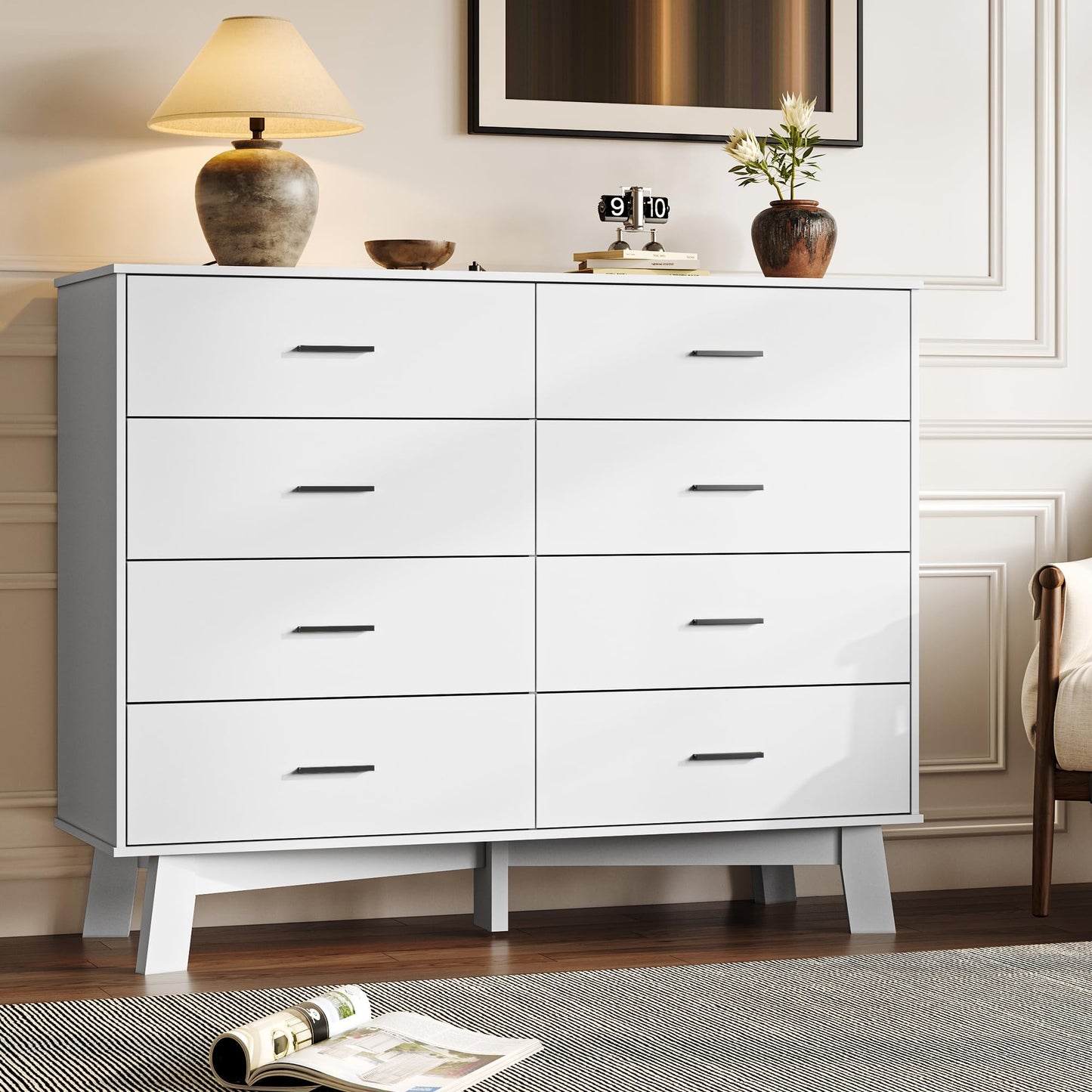BORNOON Dresser for Bedroom with 8-Drawer, 37" Tall Modern Chest of Drawers with Metal Handles, X-Shape Base & Adjustable Center Leg, Anti-Tip Closet Organizers and Storage