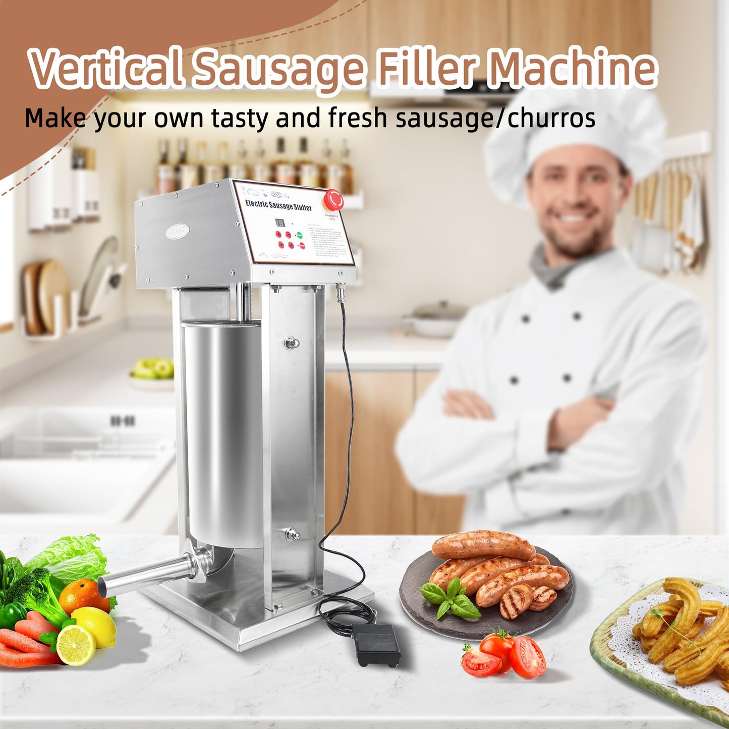 Hakka 30LB Electric Sausage Stuffer, Stainless Steel Electric Sausage Makers and Churro Makers Commercial Sausage Filling Machine with 5 Stuffing Tubes 4 Churros Making Parts