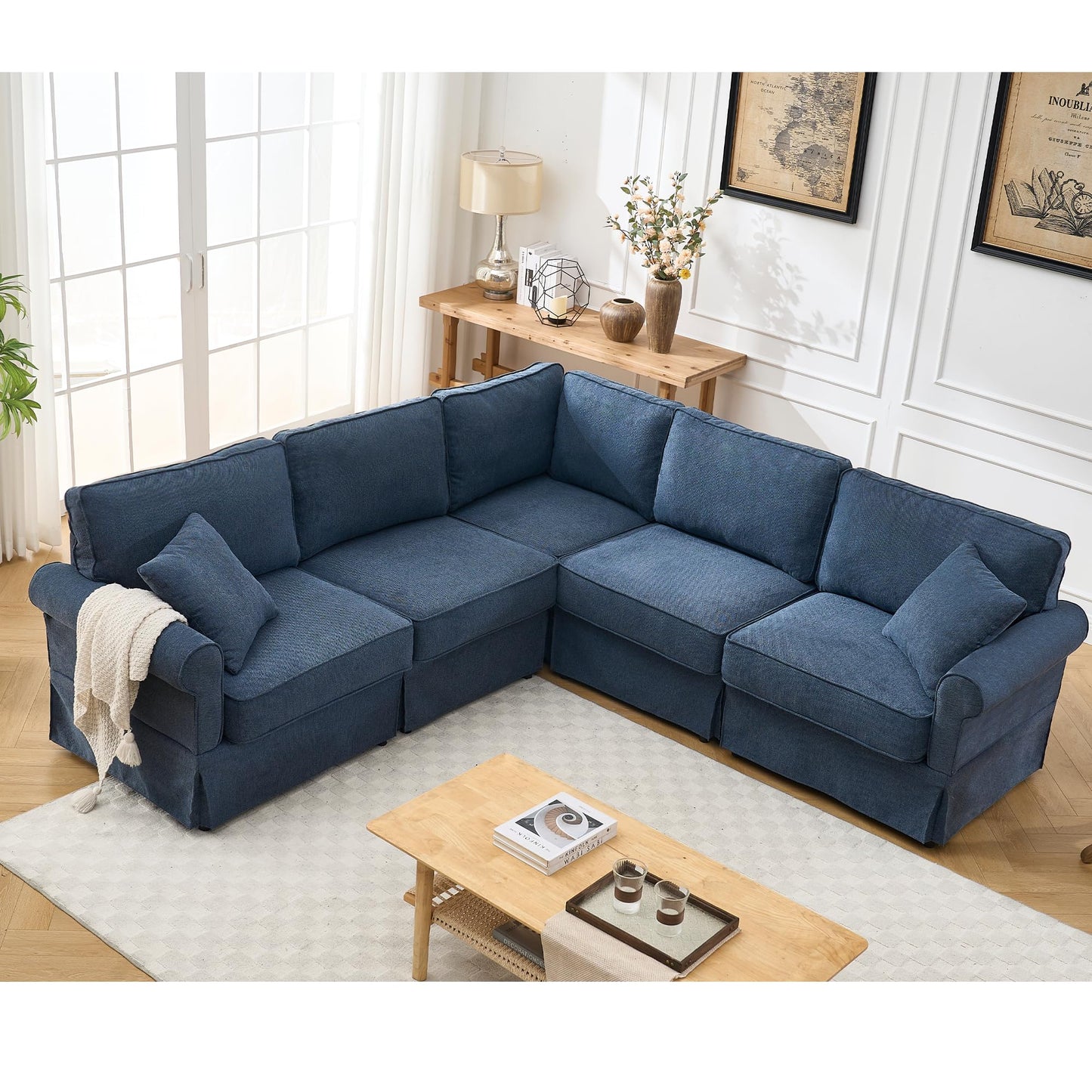 KEIKI 94" L-Shaped Oversized Modular Linen Sectional Sofa with Rolled Arms, Cushion Back, Modern Style Convertible 5-Seater Corner Couch, Easy Assembly, for Apartment, Living Room, Bedroom, Dark Blue