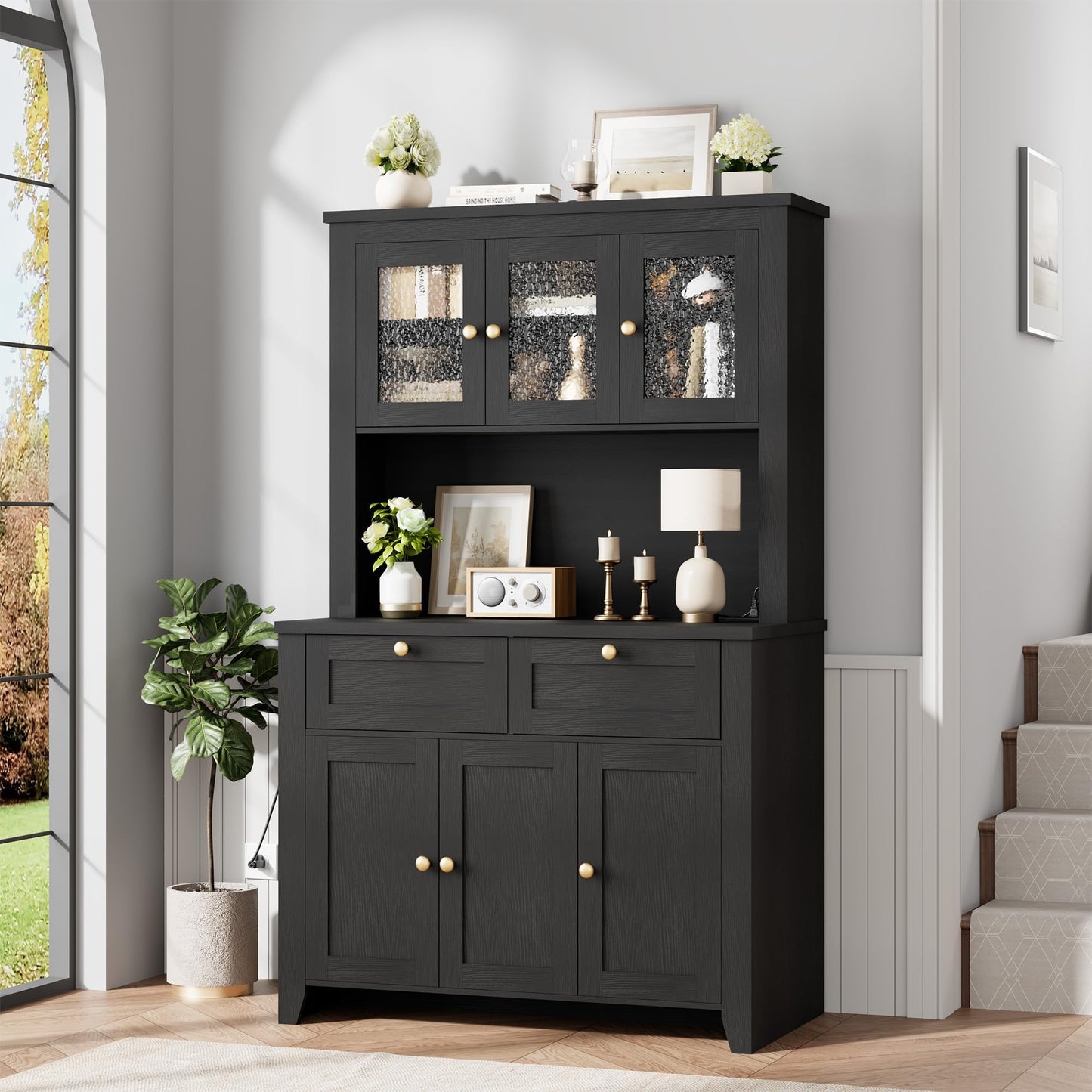 GAOMON 66" Tall Kitchen Pantry Cabinet, Modern Kitchen Hutch with Charging Station, Large Coffee Bar Storage Cabinet with Glass Doors and Drawers, Black