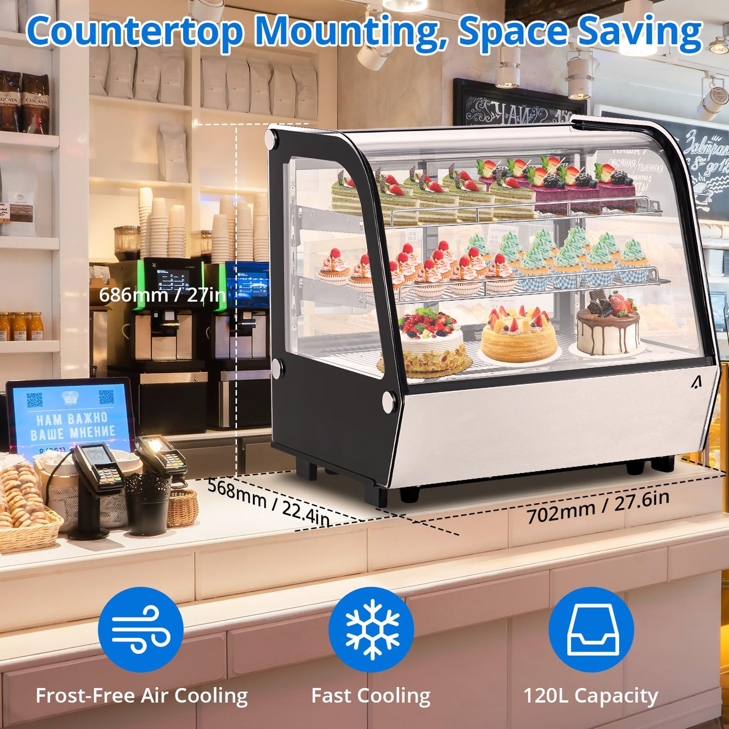 Garvee 4.2 Cu.Ft Refrigerated Display Case, Countertop Glass Door Beverage Refrigerator, Commercial Drink Cooler with LED Light and Rear Sliding Doors, Black