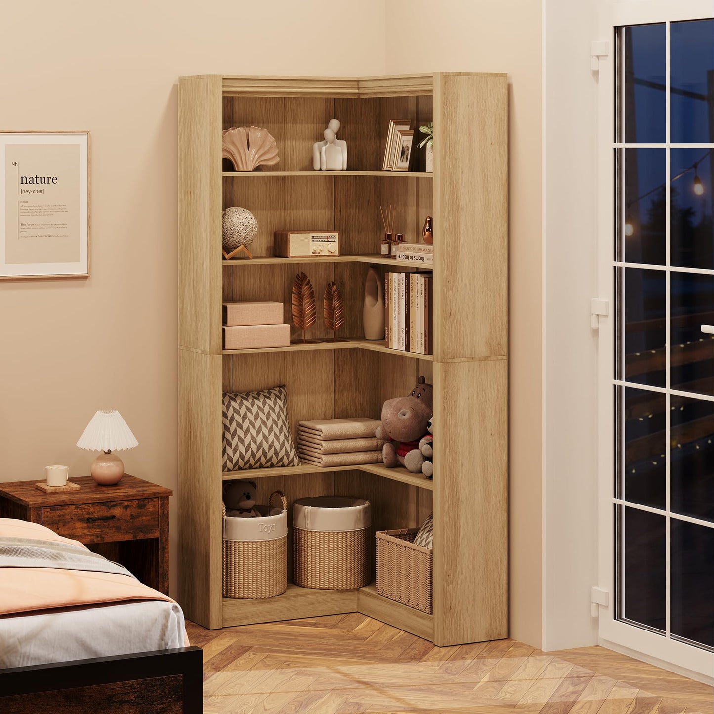 GarveeHome Corner Bookshelf, 71.8 in Farmhouse Corner Bookcase, L-Shaped Bookshelf Large Bookcase, 5 Tier Display Shelf Heavy Duty Bookcases, Bookshelves with Storage (Light Wood)