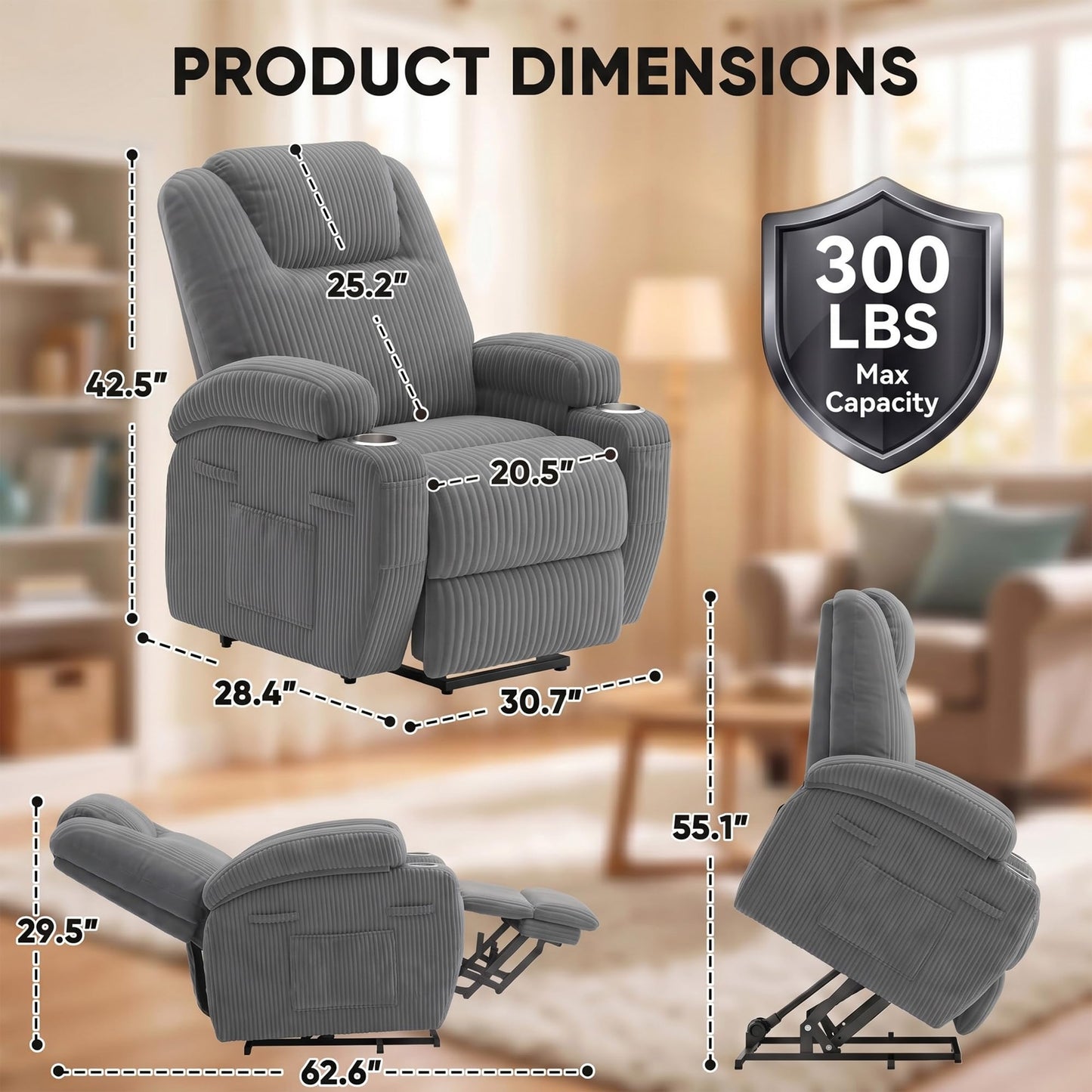 Flamaker Power Lift Chair Massage Recliner Chairs for Elderly, Corduroy Ergonomic Design with Cup Holders & Side Pockets, Remote Control (Dark Gray)