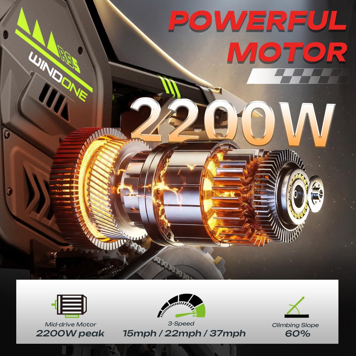 WindoneRide RS5 Electric Dirt Bike, 2200W 37MPH Electric Motorcycle, 48V/22.5Ah Battery Ebike, Full-Suspension Off-Road Mountain E Dirt Bike, Dual Hydraulic Brakes, Green