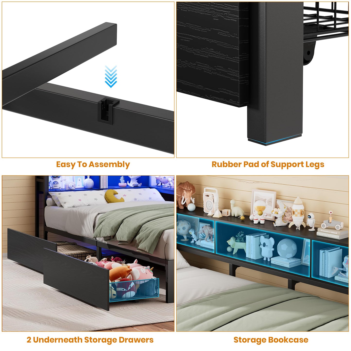 Garvee Twin Corner Bed Frames - with Charging Station and LED Lights, Twin Size Bed Platform with 2 Storage Drawers and Bookcase Headboard, Modern Twin Daybed for Kids Teens Guests, Black