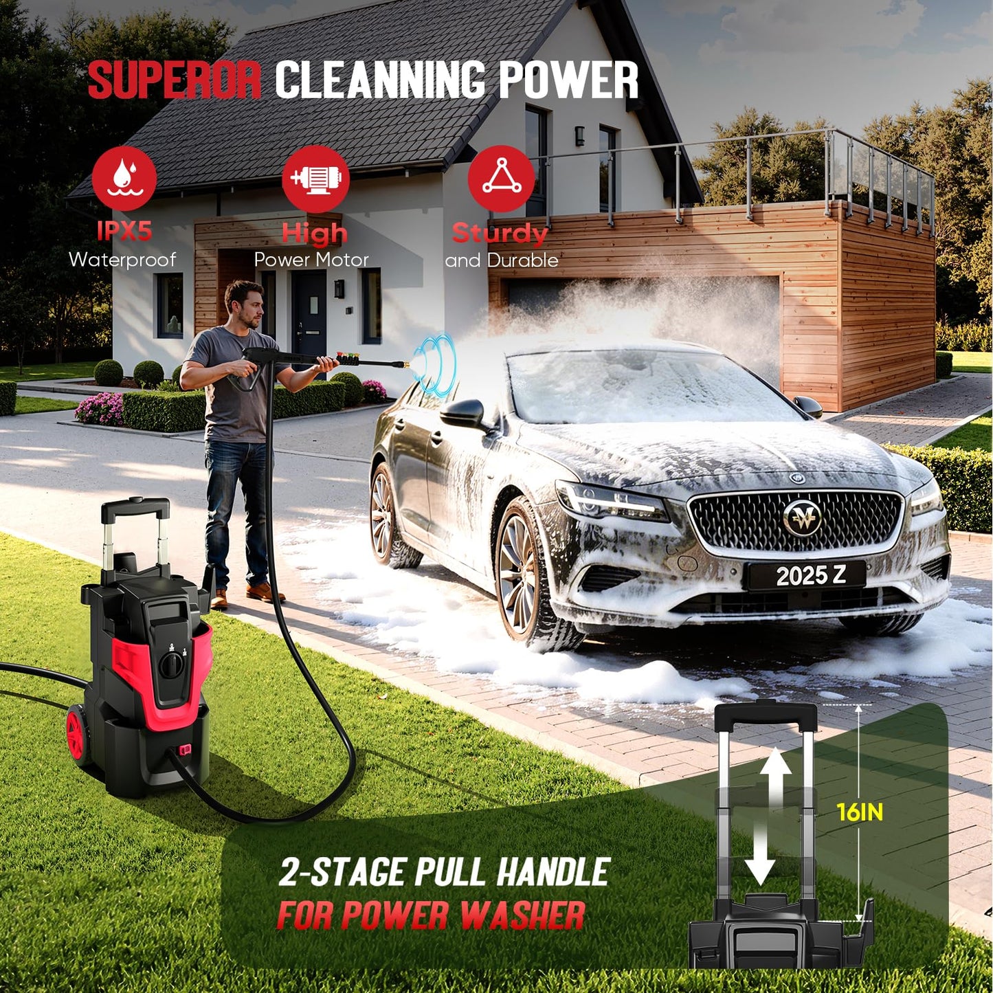 5000PSI Heavy Duty Pressure Washer, 3-Speed Adjustable Power Washer with 2-Stage Pull Rod, 4 Nozzles, Foam Cannon & 500ml Soap Bottle for Car, Home & Outdoor Cleaning,Red