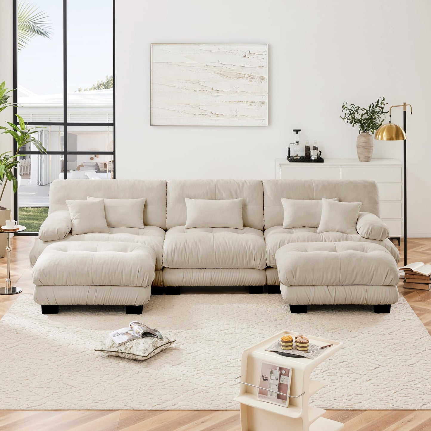 KEIKI 133" Sectional Sofa with Removable Ottomans, 5 Seat U Shaped Sleeper Cloud Couch Set, Comfy Chenille Upholstered Modular SofaBed for Apartment Living Room, Throw Pillows, Light Coffee