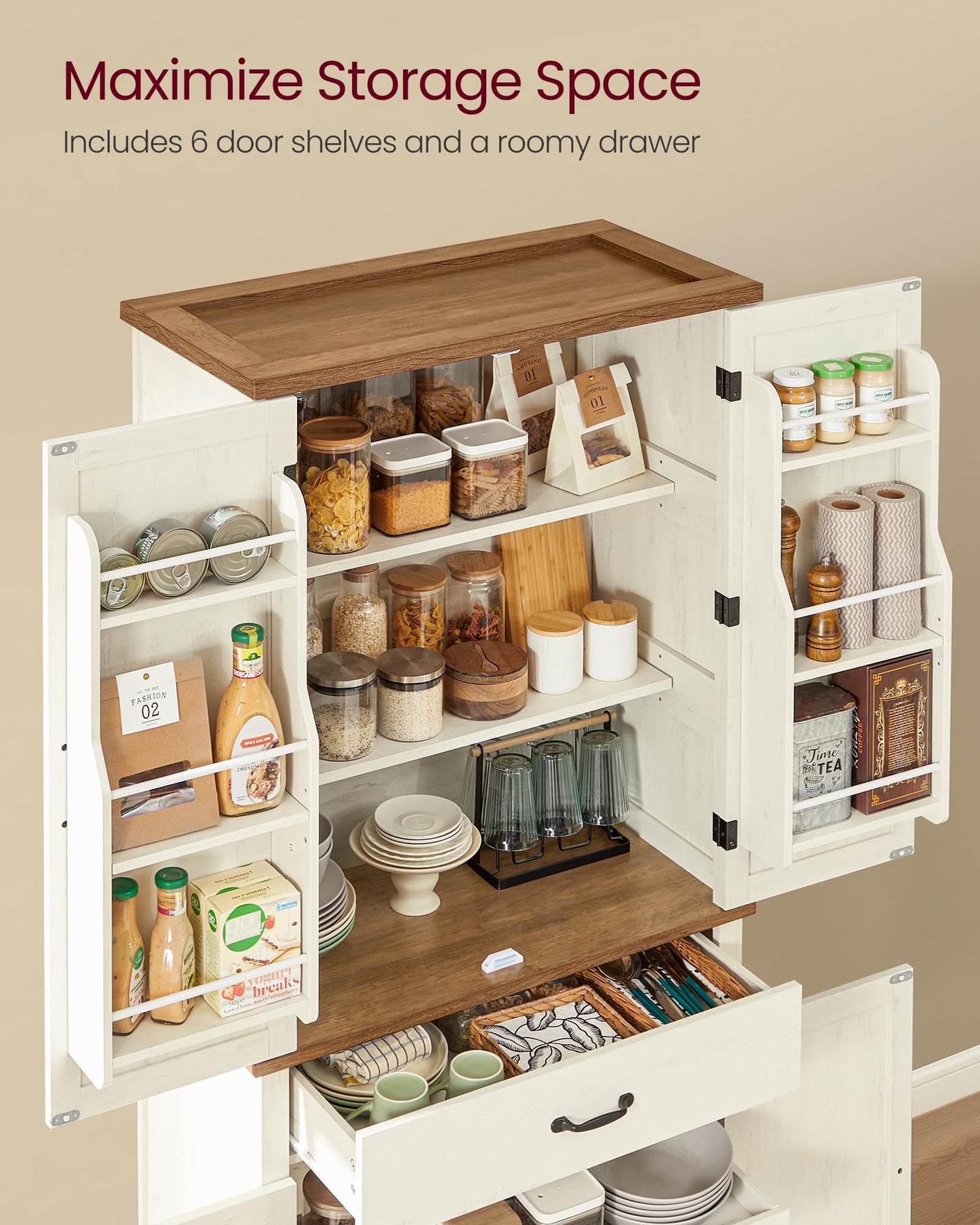 VASAGLE LIRY Collection - Pantry Cabinet, 70.3-Inch Tall Farmhouse Kitchen Storage Cabinet with Barn Doors, Drawer, Tray, Adjustable Shelves, for Kitchen, Dining Room, Rustic White UBBK364WJ01S