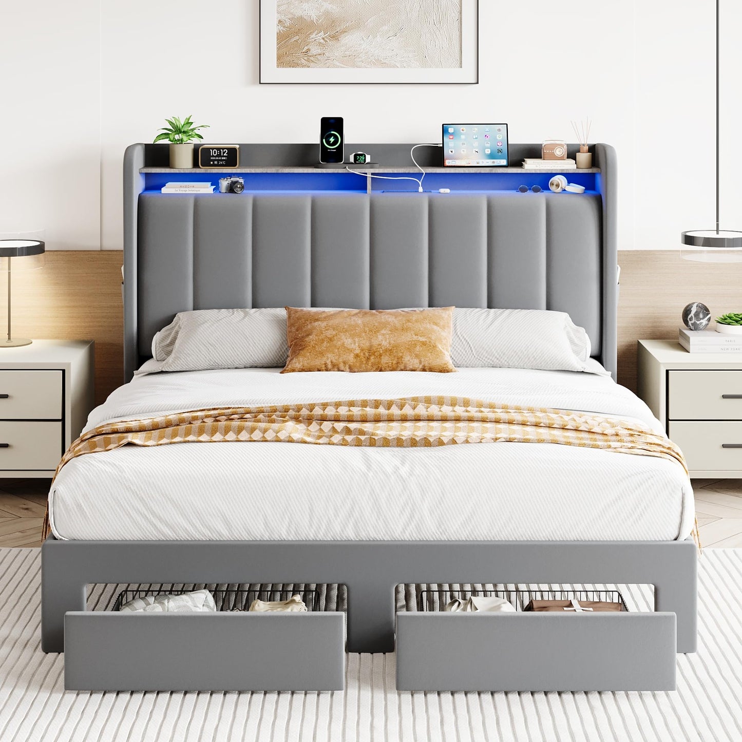 SHA CERLIN Velvet Queen Bed Frame with Vertical Channel Tufted Wingback Headboard & 2 Storage Drawers/2-Tier Shelves with LED Lights & Charging Station/Noise-Free/No Box Spring Needed/Light Grey