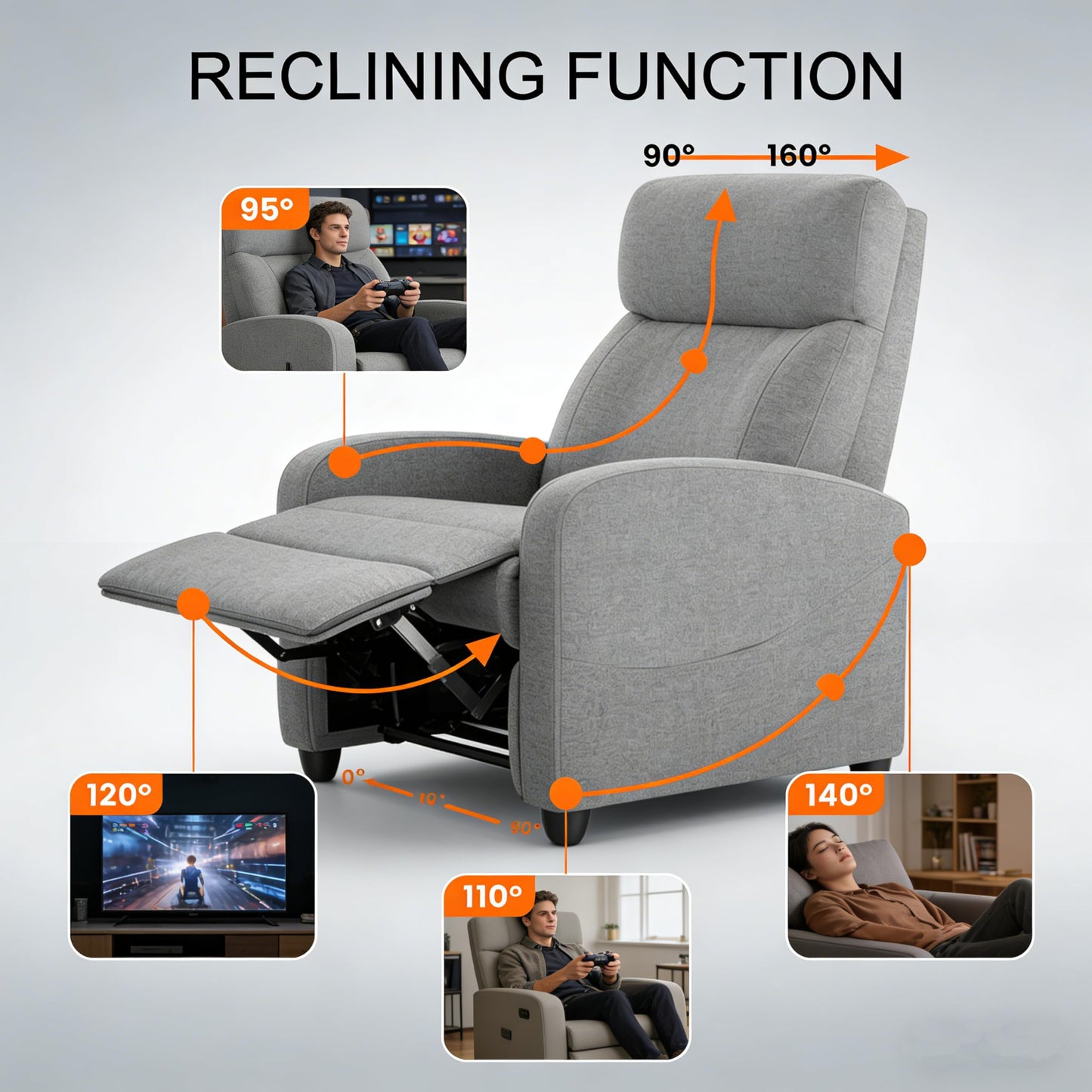 Simple Deluxe Massage Recliner Chair - Adjustable Fabric Recliner, Perfect Reading Chair & Sofa Chair for Living Room Chairs or Bedroom Chair, Small Recliner for Home Theater & Small Space, Grey
