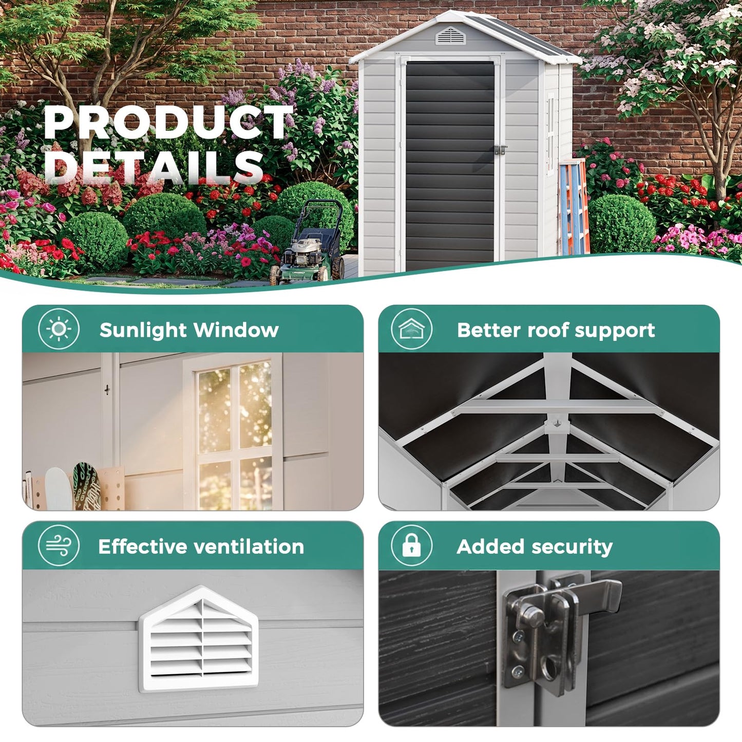 SENYUN 6x4 FT Resin Storage Shed with Floor, Lockable Doors and Window, Outdoor Garden Shed for Backyard, Patio, Lawn, Plastic Shed for Bike, Tools, Grey