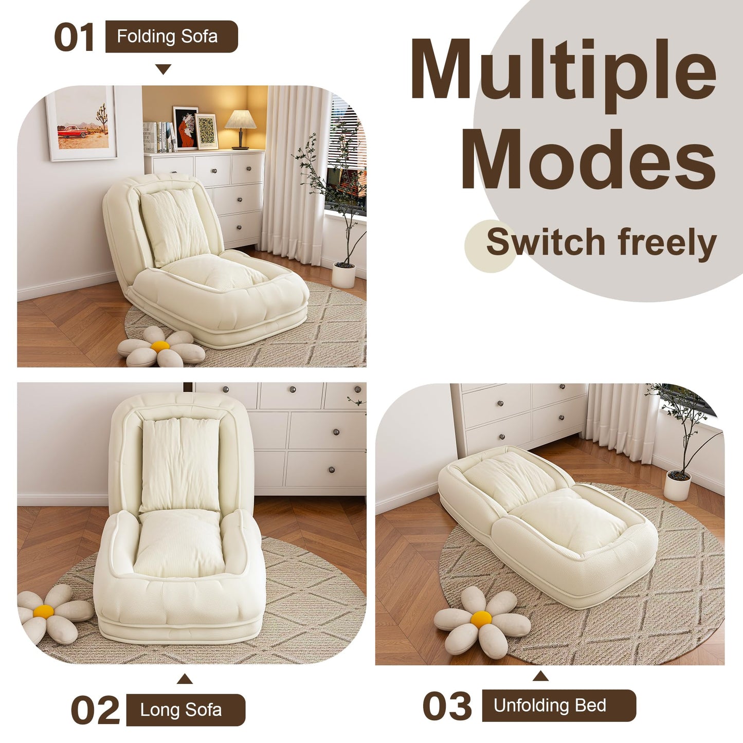 KEIKI Giant Human Dog Bed for People, Adjustable Floor Sofa Bed with 5-Position Backrest & 2 Pillows, Foldable Human Size Dog Bed, Plush Lounge Chair for Adults, Gaming, Reading, Relaxing, Off White
