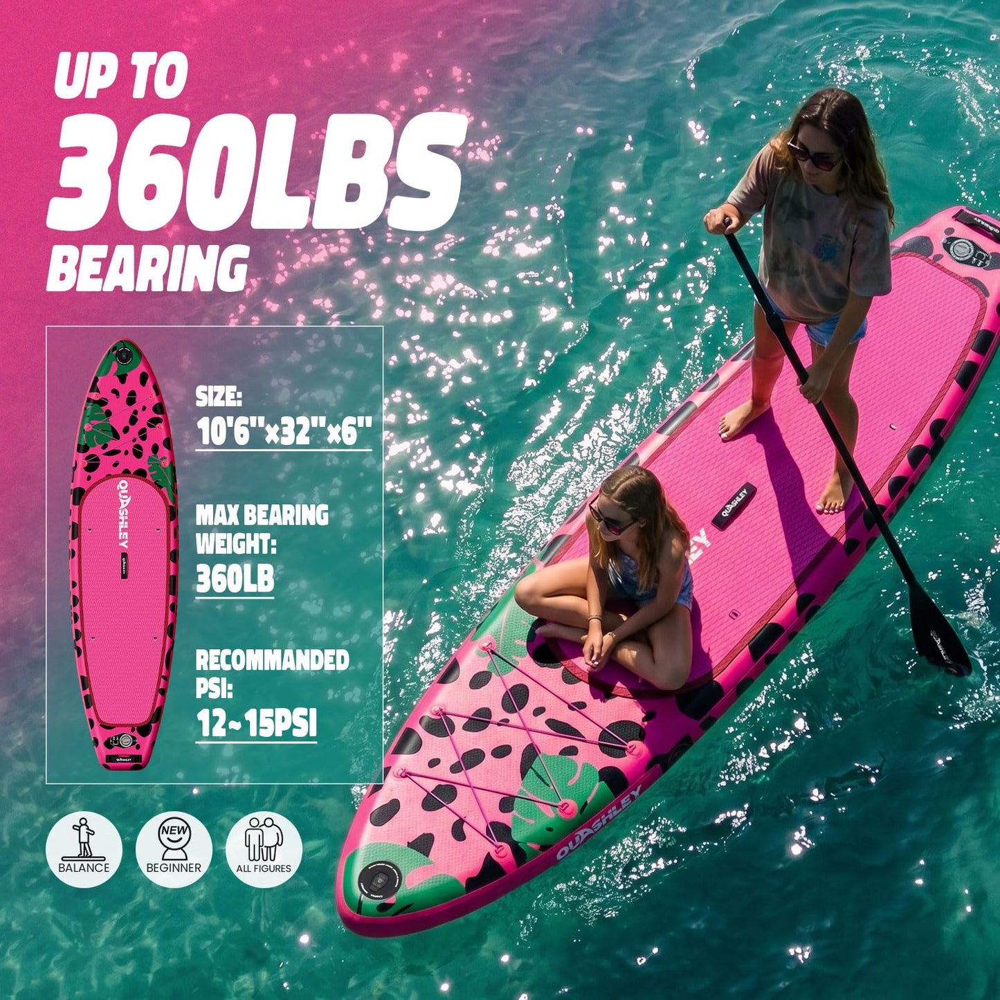 Quashley Inflatable Stand Up Paddle Board with Premium SUP Accessories,Stable Wide Design with Non-Slip EVA Deck for All Skill Levels,Ultra Stable All Around Paddleboard Leopard