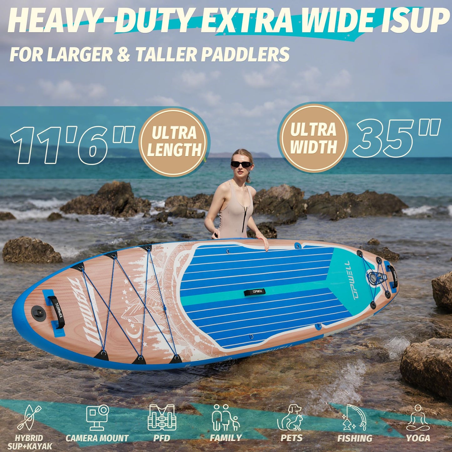 UPWELL 11'6"×35" Extra Wide Inflatable Paddle Board, Stand Up Paddle Board with Kayak Seat, Sup Paddle Boards for Adults, Cypress Blue
