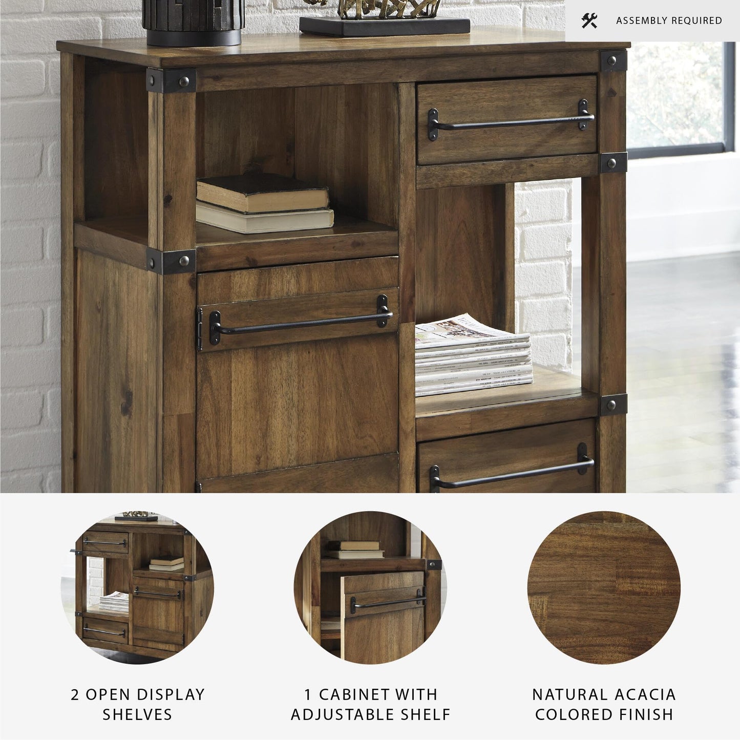 Signature Design by Ashley Roybeck Industrial Accent Cabinet with 2 Shelves, 1 Adjustable Shelf and 2 Drawers, Light Brown