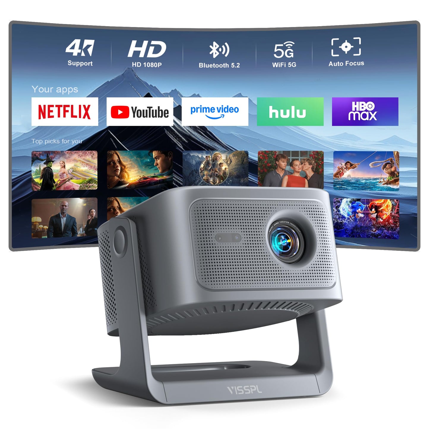 【Now with Netflix & 3000ANSI】Smart 4K Projector with WiFi and Bluetooth, VISSPL 3D Dolby Audio and Auto Focus Portable Outdoor Projector, Movie Home Theater Projectors for Bedroom/Ceiling