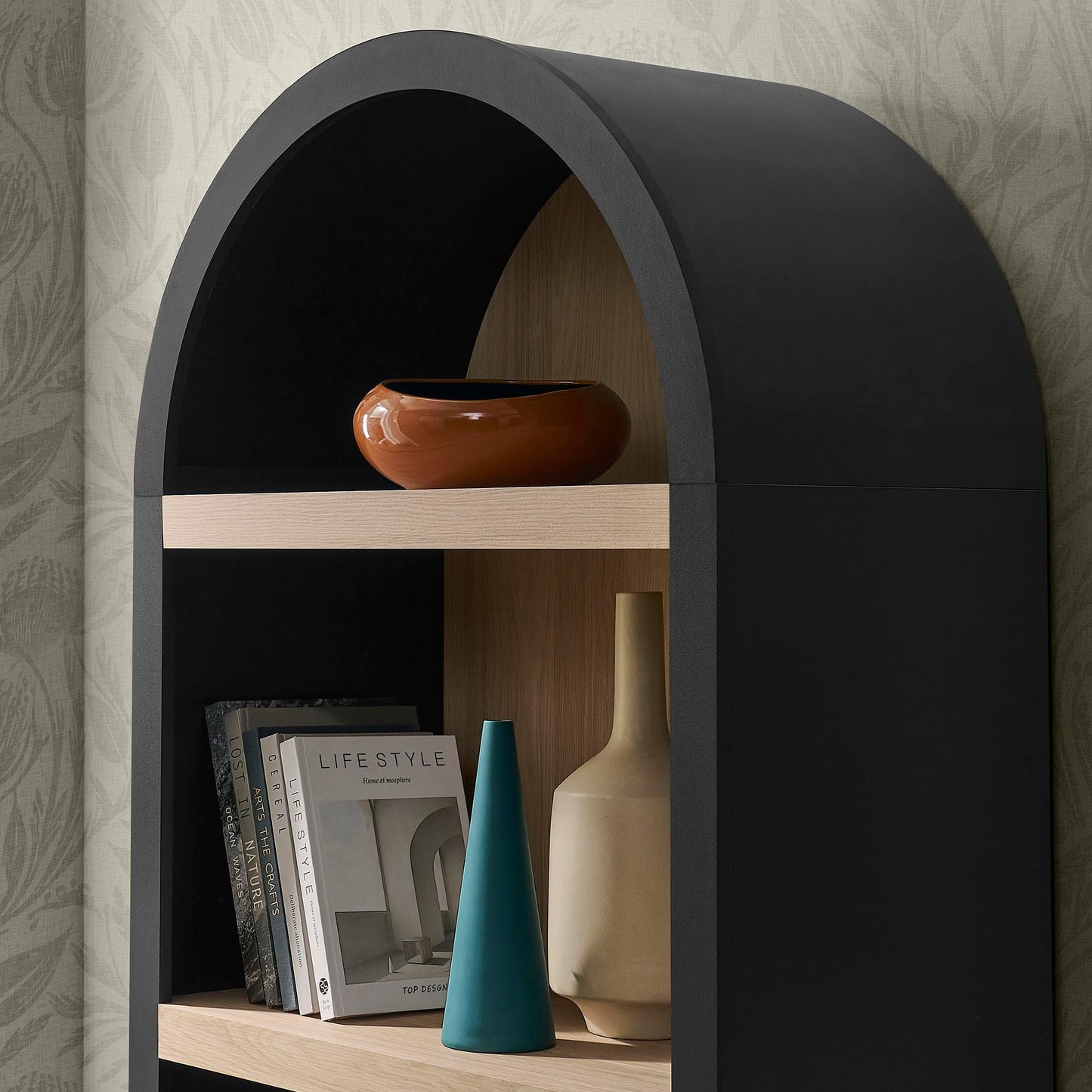 Modway Caleb Arched Bookcase with 4-Tier Open Shelves in Black - Wood Blend Display Bookcase for Dining Room, Living Room, Or Office Storage
