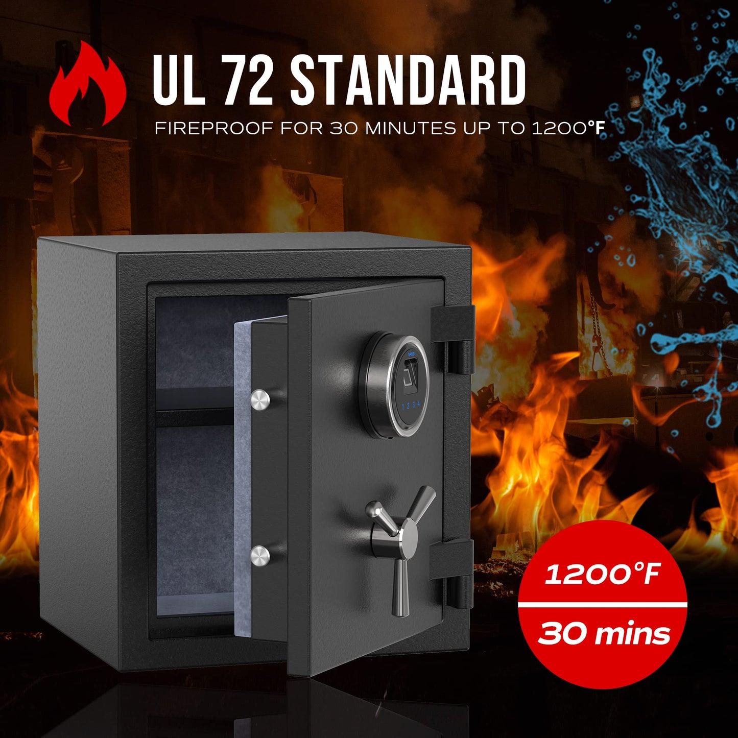 RPNB Deluxe Biometric Fireproof Safe Box,Digital Fingerprint Fireproof Waterproof Safe with Touch Screen,Removable Shelf and 3 Spoke Handle,Home Safes for Cash Documents Jewelry,0.84 Cubic Feet