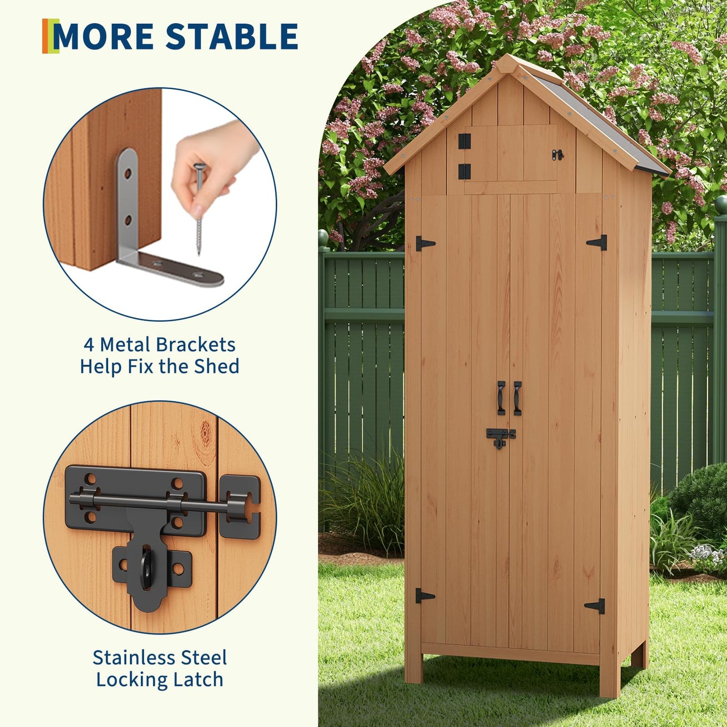 70" Tall Outdoor Storage Shed Cabinet - Vertical Garden Tools Organizer with Waterproof Roof, Lockable Doors & Shelves, Wooden Patio Storage for Yard, Deck, Lawn Equipment