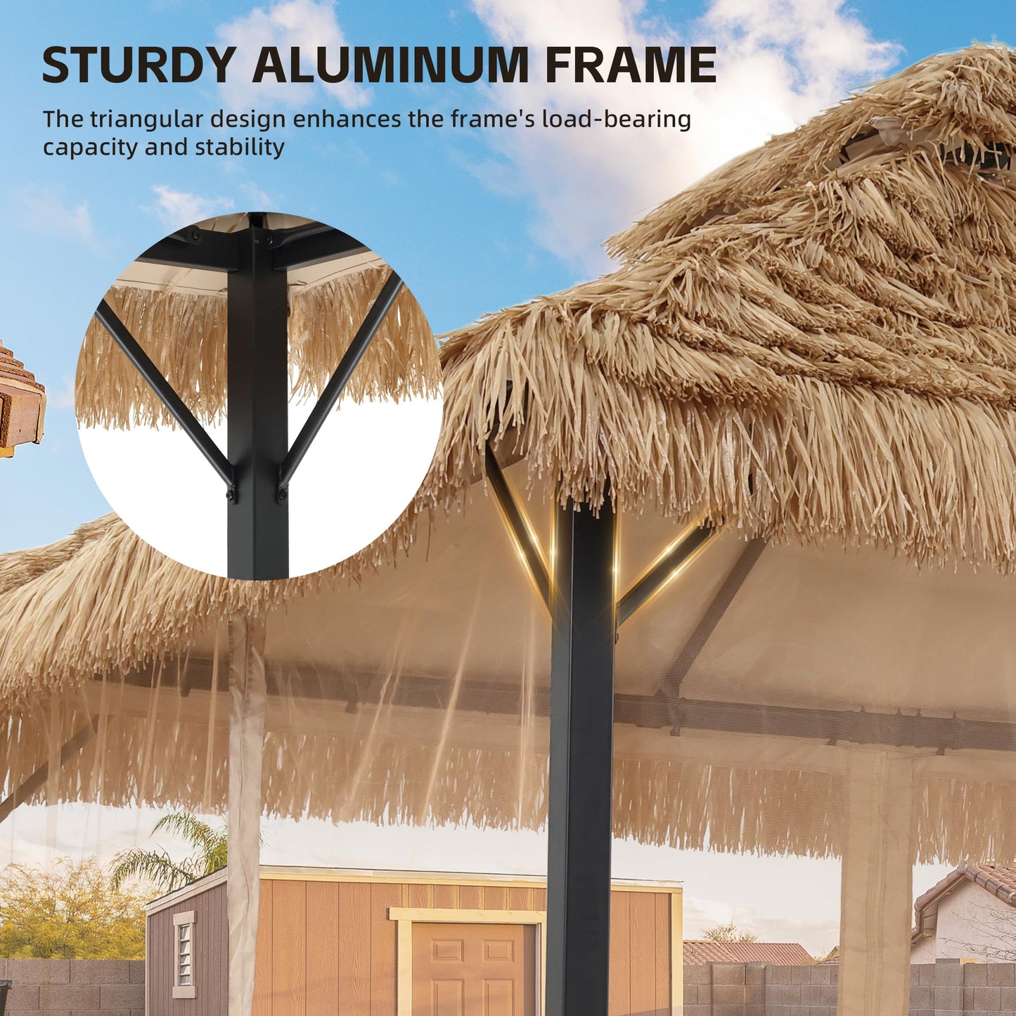 Saemoza 10 x 13 ft Thatched Gazebo Canopy, Double-Layer Ventilated Roof, Mesh Netting and Curtain Sidewalls, UV-Resistant, for Garden, Porch, Poolside, Khaki