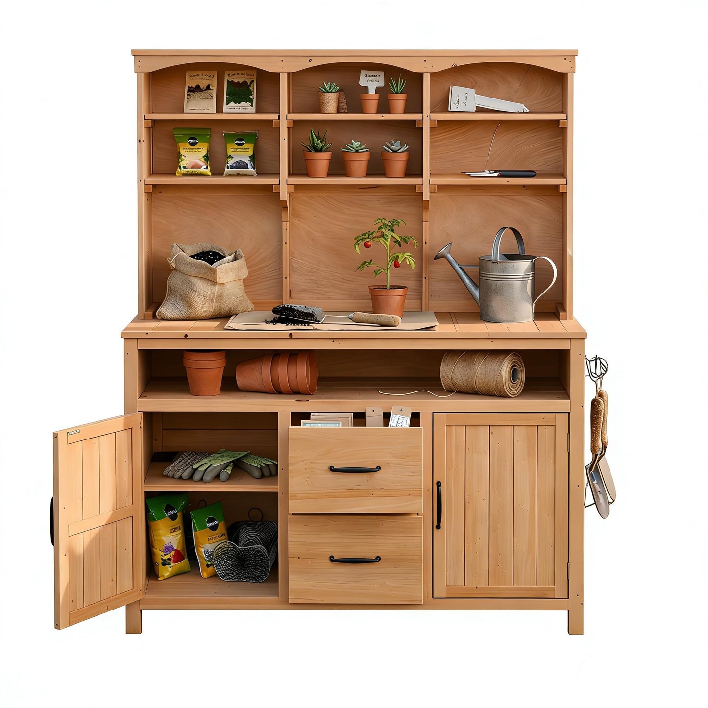 GDFStudio Junley Outdoor Storage Bench Table with Cabinet, Patio Wooden Potting Bench Plant Bench, Large Garden Storage Work Bench with Drawers, Cabinets, Hooks and Countertop, Kitchen Island, Natural