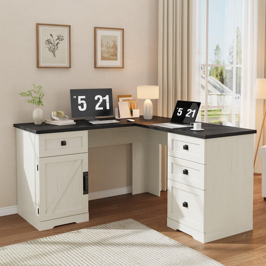 GarveeHome 60" Executive L Shaped Desk, Farmhouse Home Office Desk with File Drawers and Storage Cabinet, Corner Computer Desk with Adjustable Side Storage Cabinet (Black)