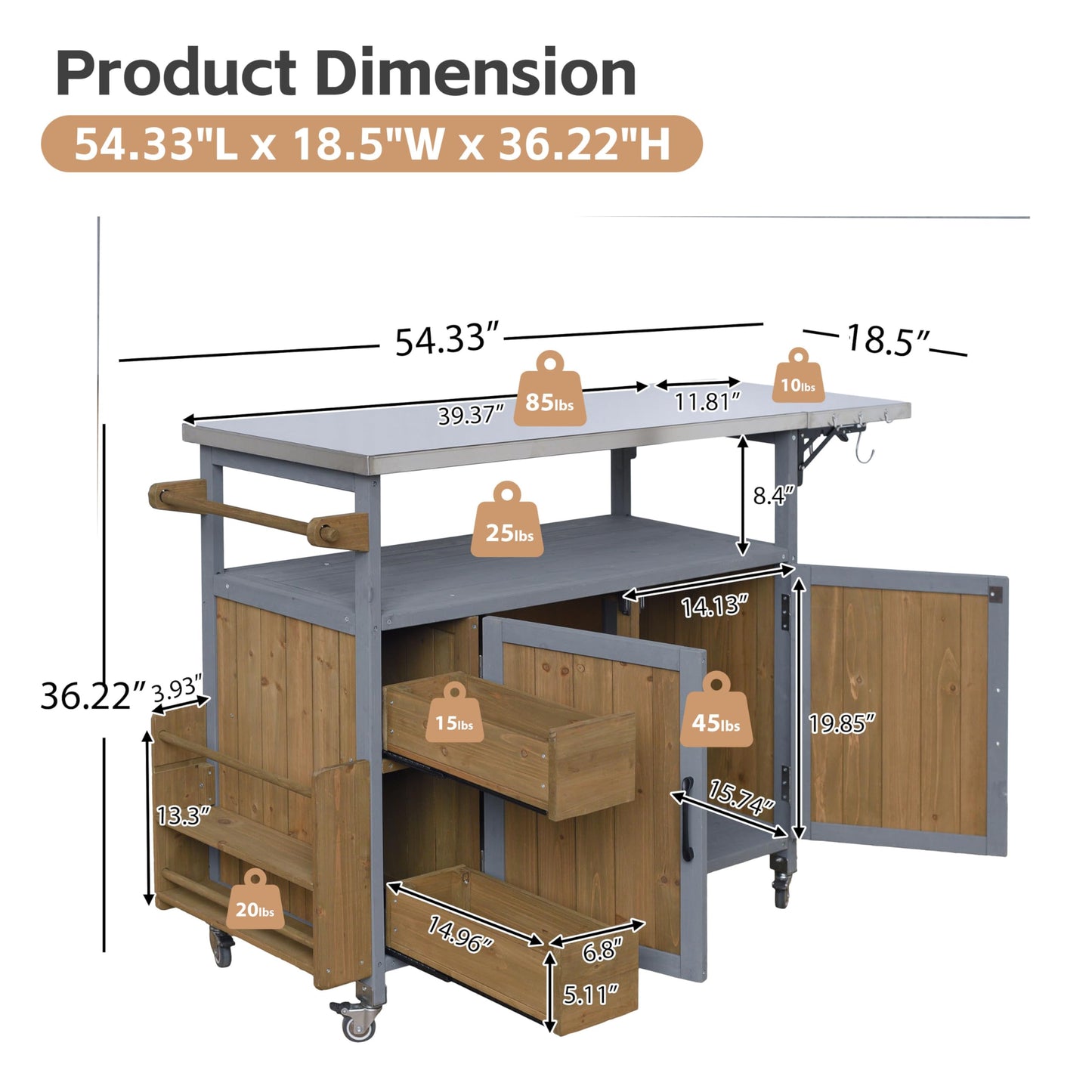 Christopher Knight Home Edsel Outdoor Bar Cart with Stainless Steel Top and Lockable Wheels, Solid Wood Outdoor Storage Cabinet, Kitchen Island Serving Cart for Poolside, Walnut Brown+Blue Gray