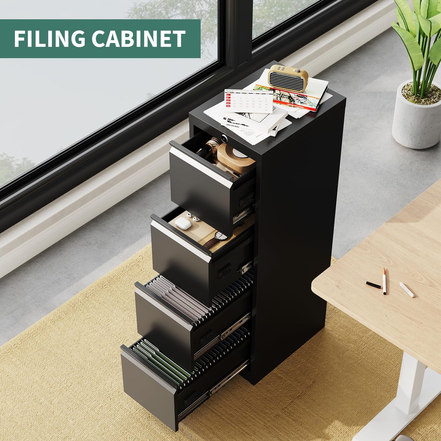 File Cabinet 2-Drawer Lateral with Lock, Metal Office Filing Cabinet for Letter/Legal/a4, Heavy Duty Storage Organizer, Full Extension Drawers, Anti-Tip Safety, Black, Home Office Organization