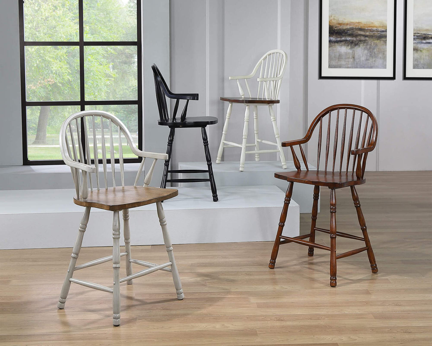Sunset Trading Country Grove 24" Windsor Barstools with Arms | Counter Height Stools with Backs and Armrests | Distressed Gray and Brown Solid Wood | Set of 2