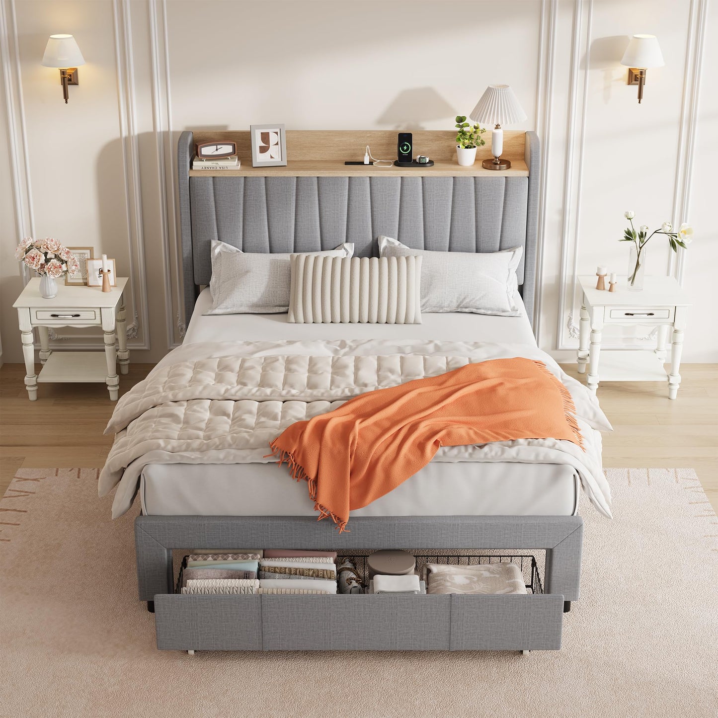 Queen Size Upholstered Platform Bed Frame with Storage Headboard and Charging Station (2 USB & AC), Drawers, Uniform Wood Slats, No Box Spring Needed, Noise-Free, Easy Assembly, Light Gray
