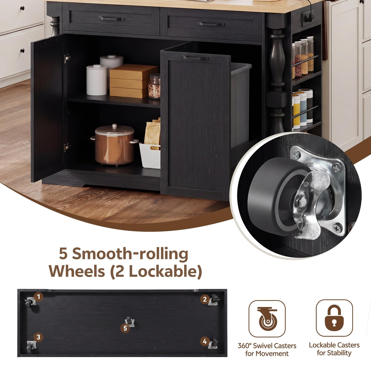 Homiflex Kitchen Island, 47.6"x20" Kitchen Island with Spice Rack & 11.8" Drop Leaf, Coffee Cart on Wheels Breakfast Bar Table Storage & Trash Bin Islands Table with Power Outlet for Dining Room-Black