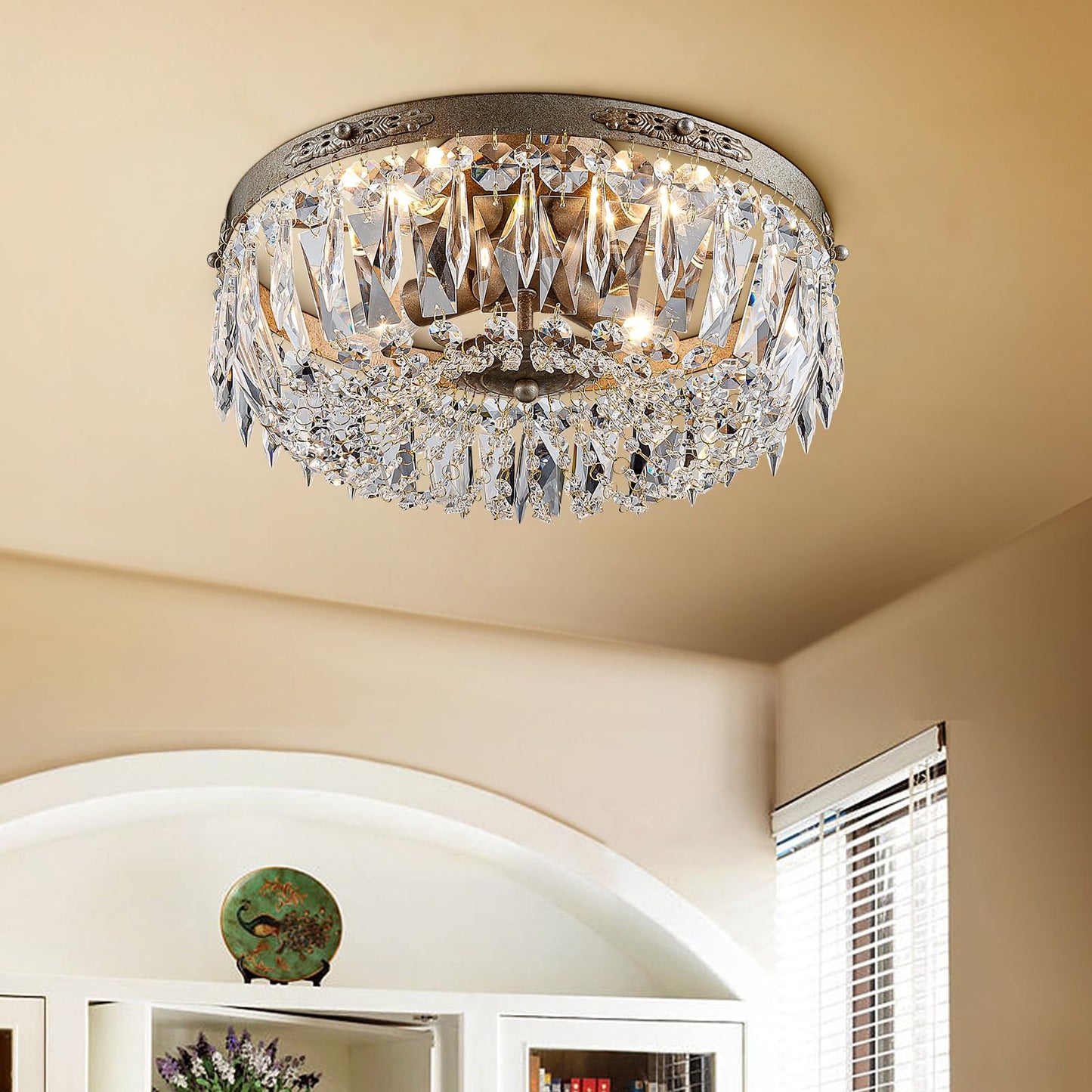 Bestier Antique Silver Semi Flush Mount Chandelier Lighting for Dining Room, 4 E12 Bulbs Required, D14in x H8in