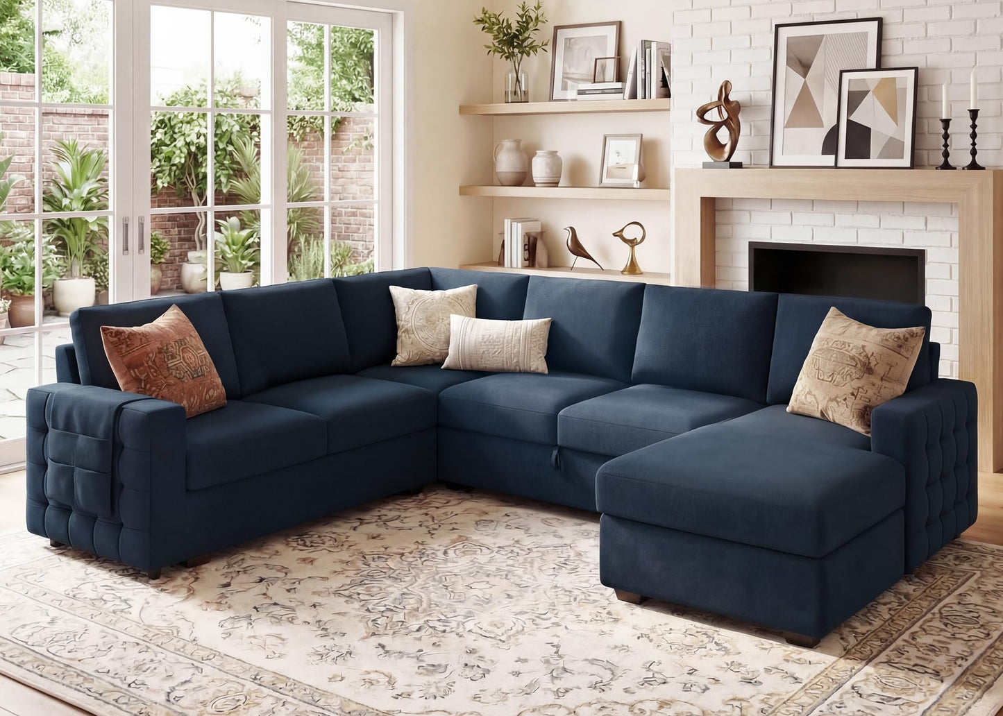 HONBAY Sectional Sleeper Sofa with Pull Out Bed U-Shape Sectional Couch Sleeper Bed with Storage Chaise Lounge Living Room 6 Seater Sectional Sofa,Velvet Dark Blue