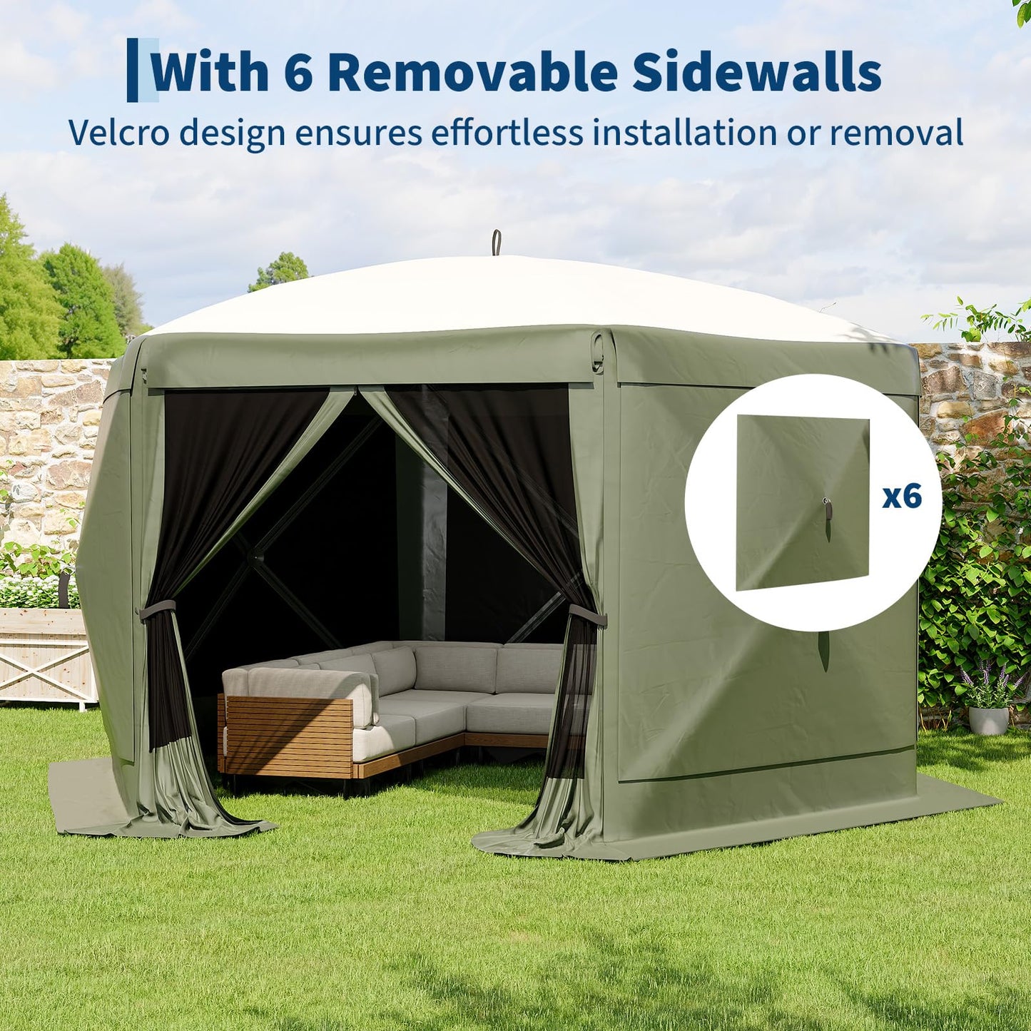 Garvee 13FT Pop-Up Gazebo 6-Sided, Outdoor Canopy Tent with Mosquito Netting & Removable Wind Cloths for Camping, Backyard Parties, Outdoor Events, Army Green