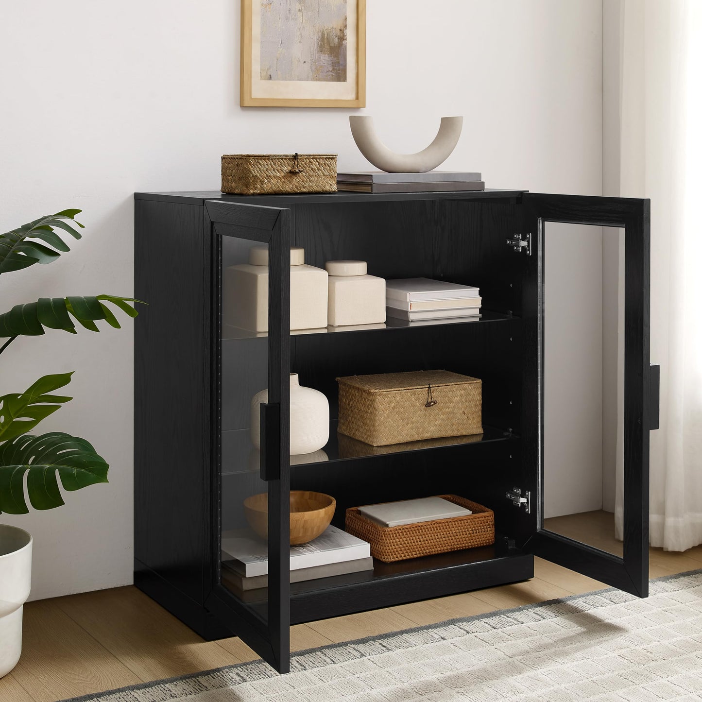 Crosley Furniture Essen Stackable Glass Door Kitchen Pantry Storage Cabinet, Accent Cabinets for Entryway, Black