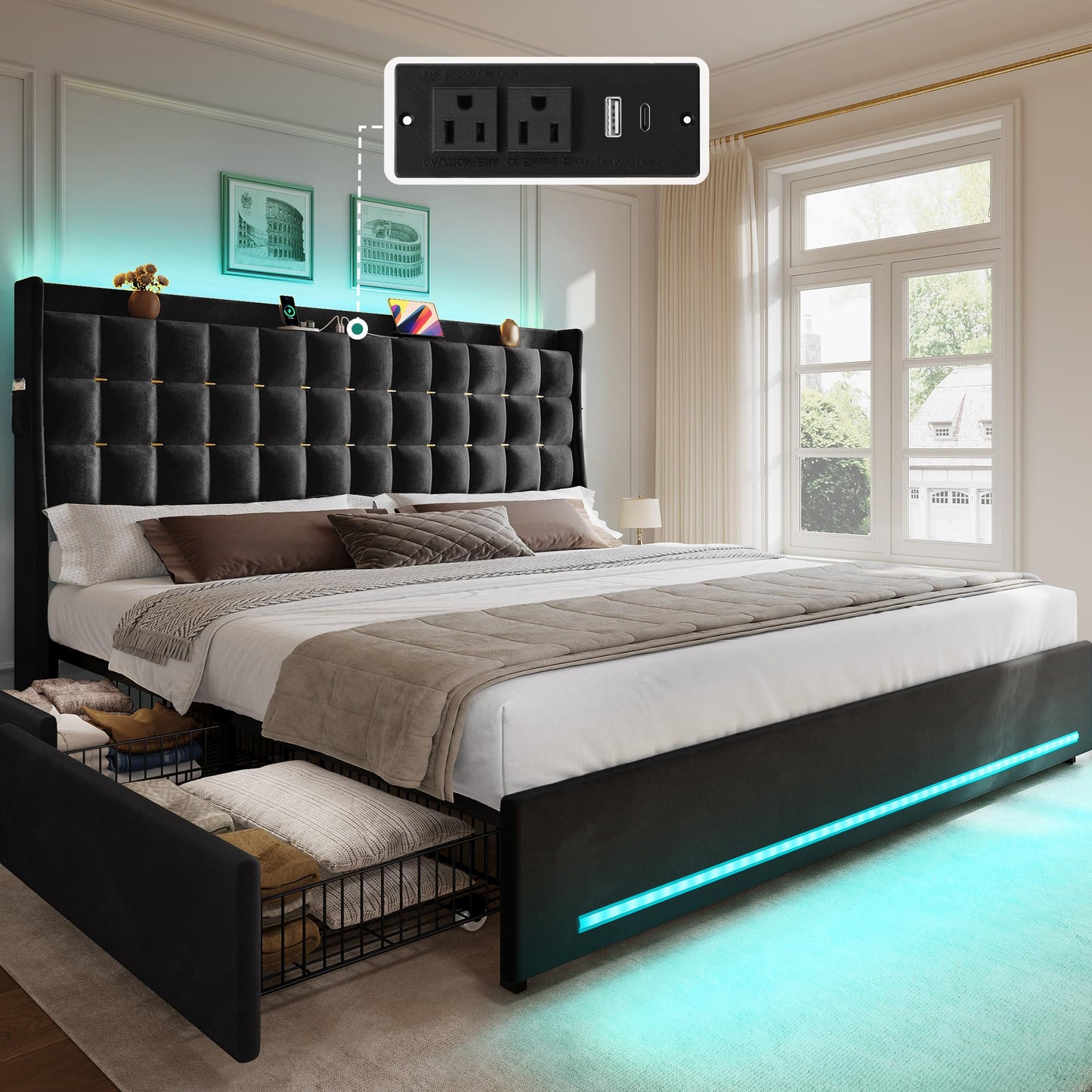 YITAHOME King Size Bed Frame with 4 Drawers and RGB LED Lights, Velvet Upholstered Platform Bed with Charging Station and Storage Headboard, No Box Spring Needed, Easy Assembly, Noise-Free, Black