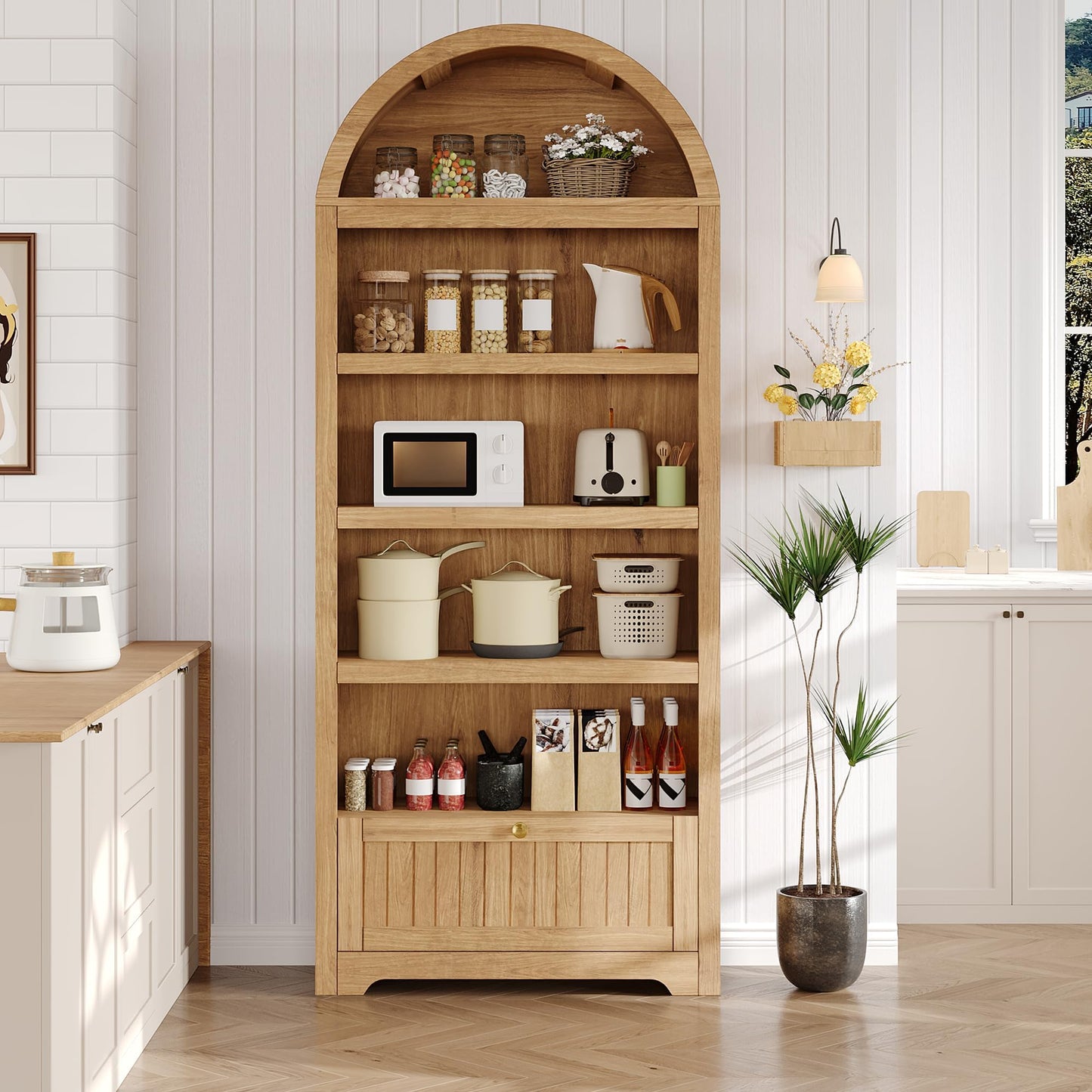 GAOMON 71" Tall Arched Book Shelf, 6-Tier Freestanding Bookshelf with Drawer and Open Display Shelves, Mid Century Modern Arched Bookcase for Living Room, or Home Office, Natural