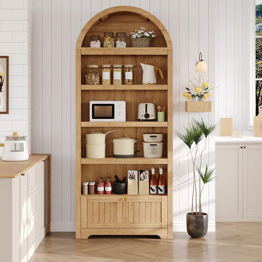 GAOMON 71" Tall Arched Book Shelf, 6-Tier Freestanding Bookshelf with Drawer and Open Display Shelves, Mid Century Modern Arched Bookcase for Living Room, or Home Office, Natural