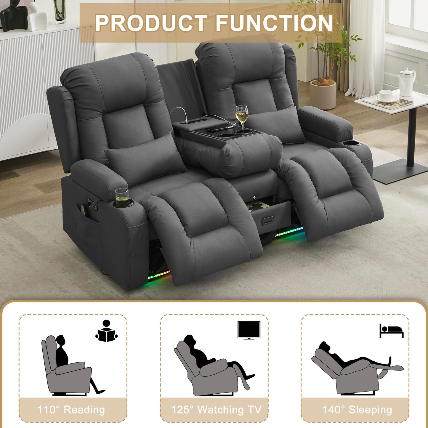 URRED Power Loveseat Recliner Sofa with Massage and Heat, Wall Hugger Reclining Loveseat with Console, RV Couch Home Theater Seating with LED Lights for Living Room (Gray, 67" - 2 Seats)