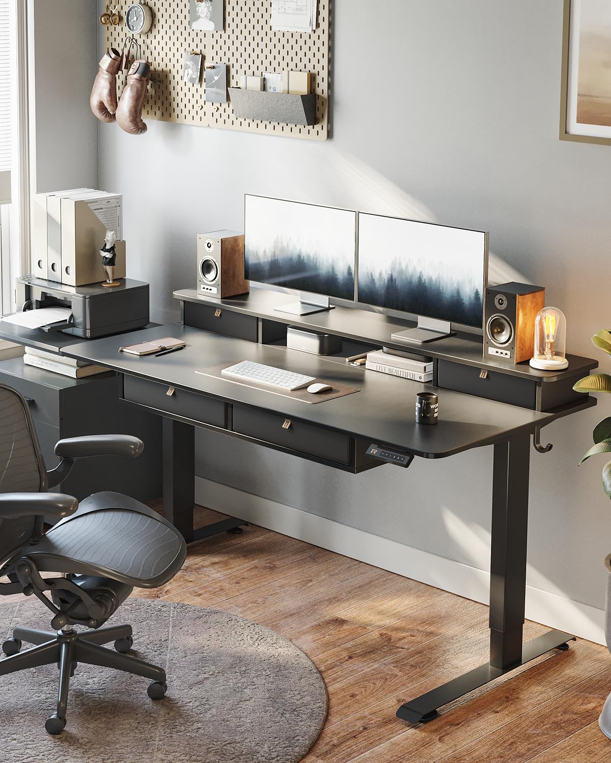 CubiCubi 60" x 30" Standing Desk with Drawers, Height Adjustable Electric Workstation, Computer Sit Stand Up Table with Large Storage Shelf 4 Drawers and 2 Hooks, Black