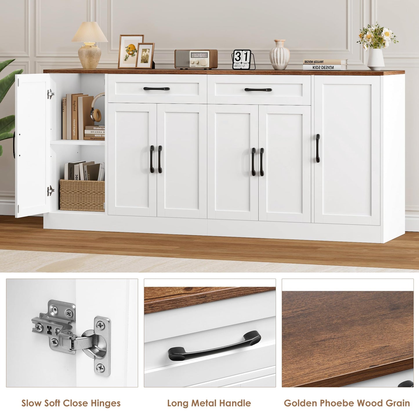 BOTLOG 71” Large Buffet Cabinet with Storage, Sideboard Buffet Cabinet with Adjustable Shelves and 6 Soft-Close Doors, Wood Coffee Bar Console Table for Kitchen, Dining Room, White